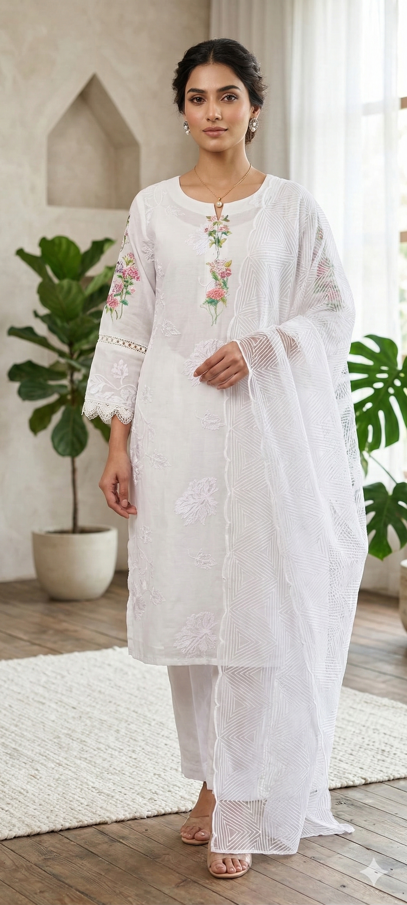 3D Floral Appliqués On Shoulder & Front Sheer Thread Embroidered Full Suit Set With Dupatta- 13681
