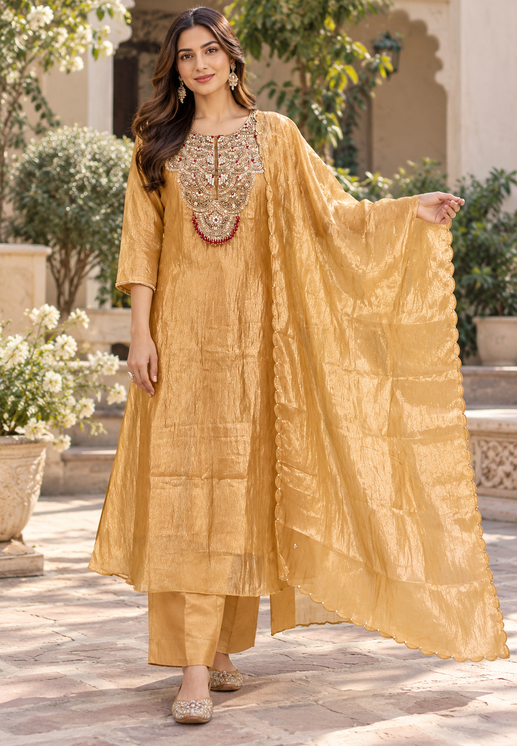 Elegant Golden Tissue Aline Full Suit Set with Intricate Zardozi Beaded Sequin Embroidery- 16944