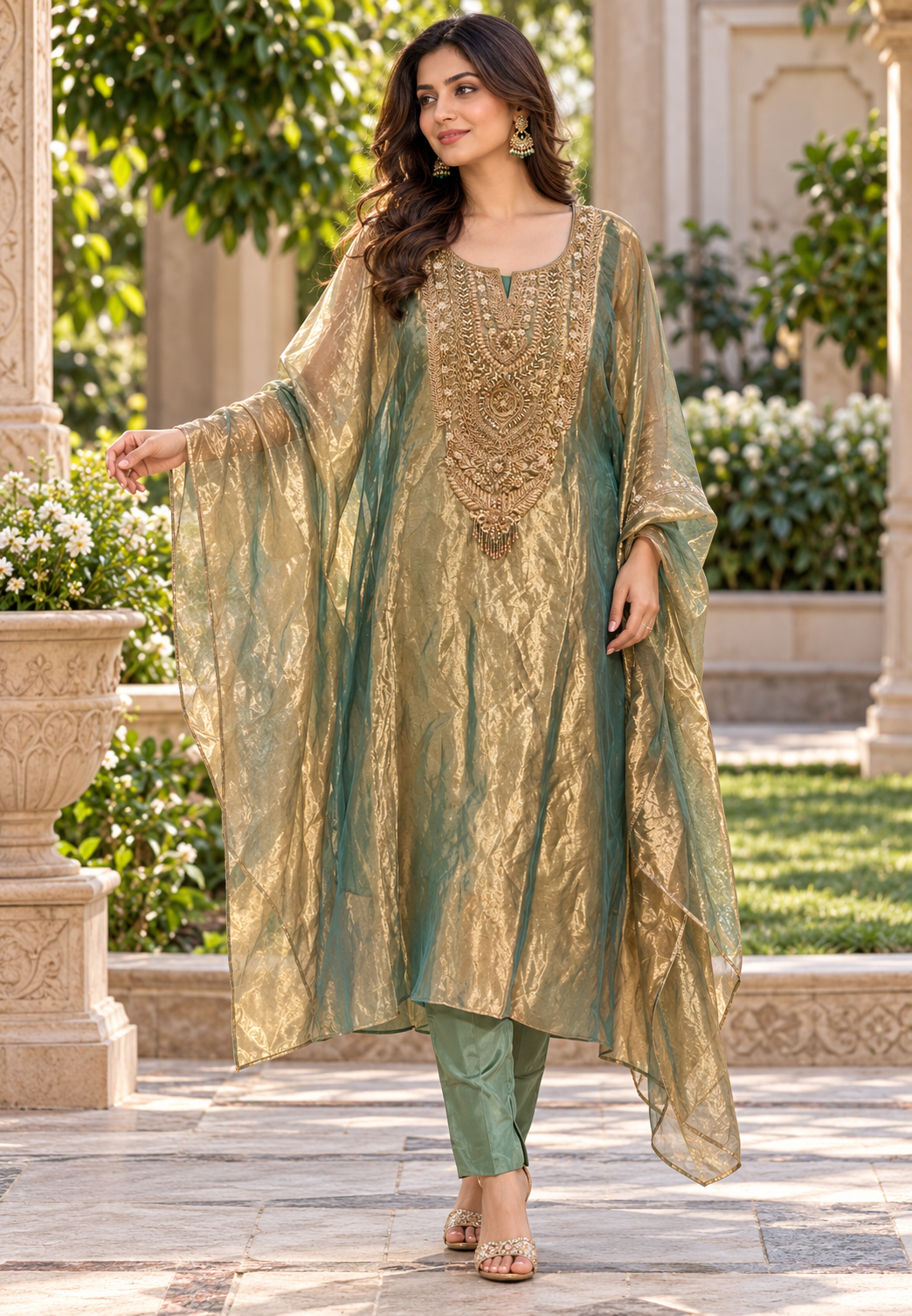 Premium Zari and Pot Pearl Embellished Neckline Pure Tissue Kaftan with Pants Set- 16824
