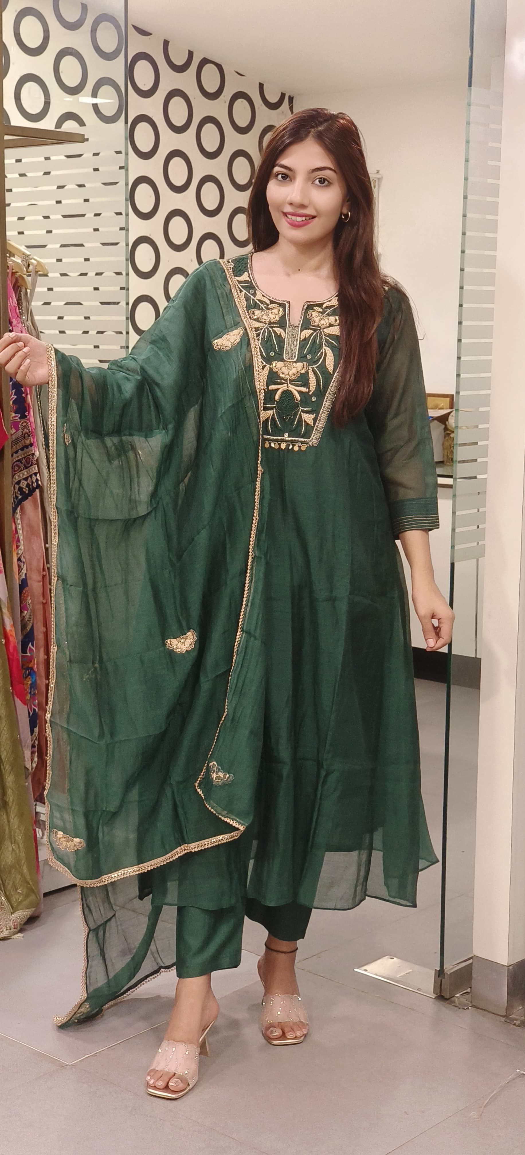Royal Zardosi Embroidered A-Line Mul Chanderi Cotton Full Suit Set