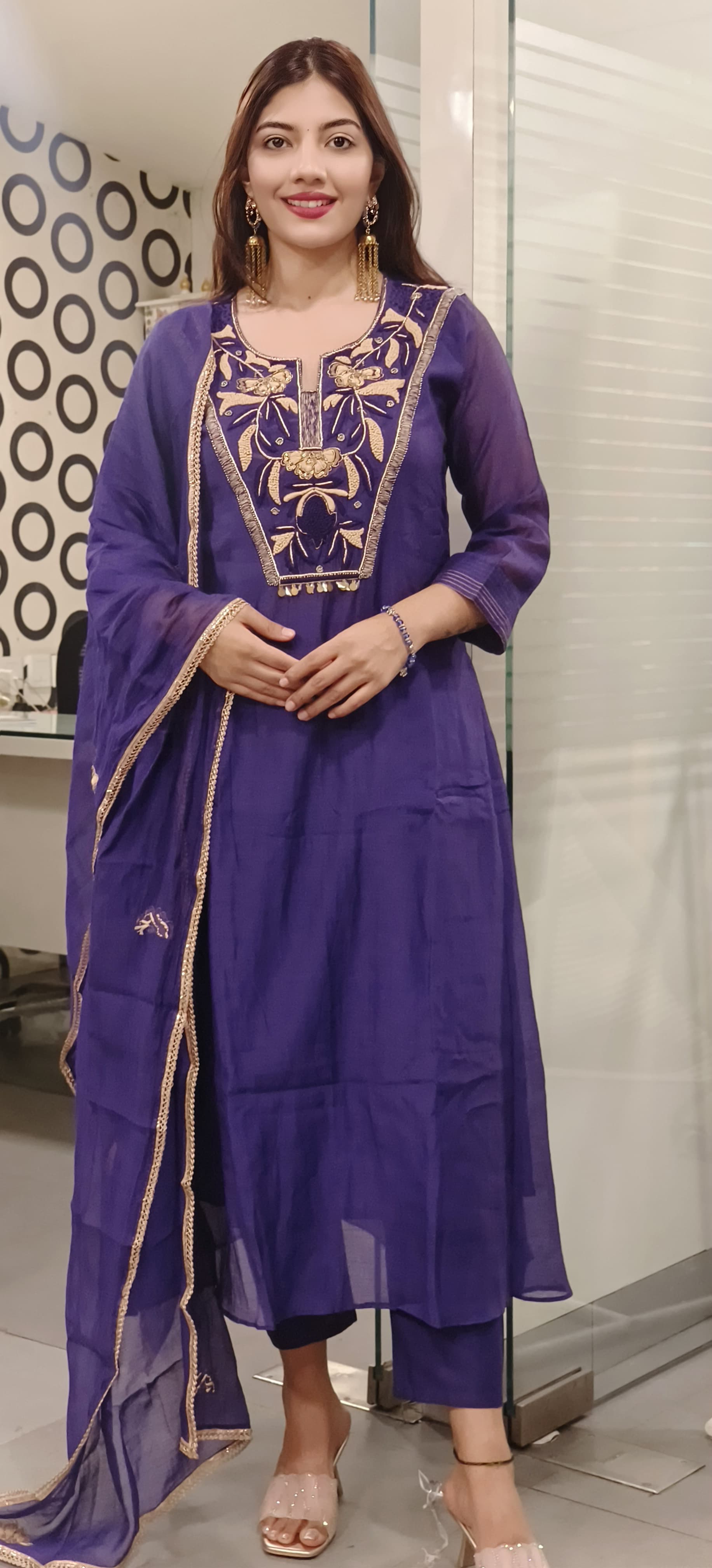 Royal Zardosi Embroidered A-Line Mul Chanderi Cotton Full Suit Set