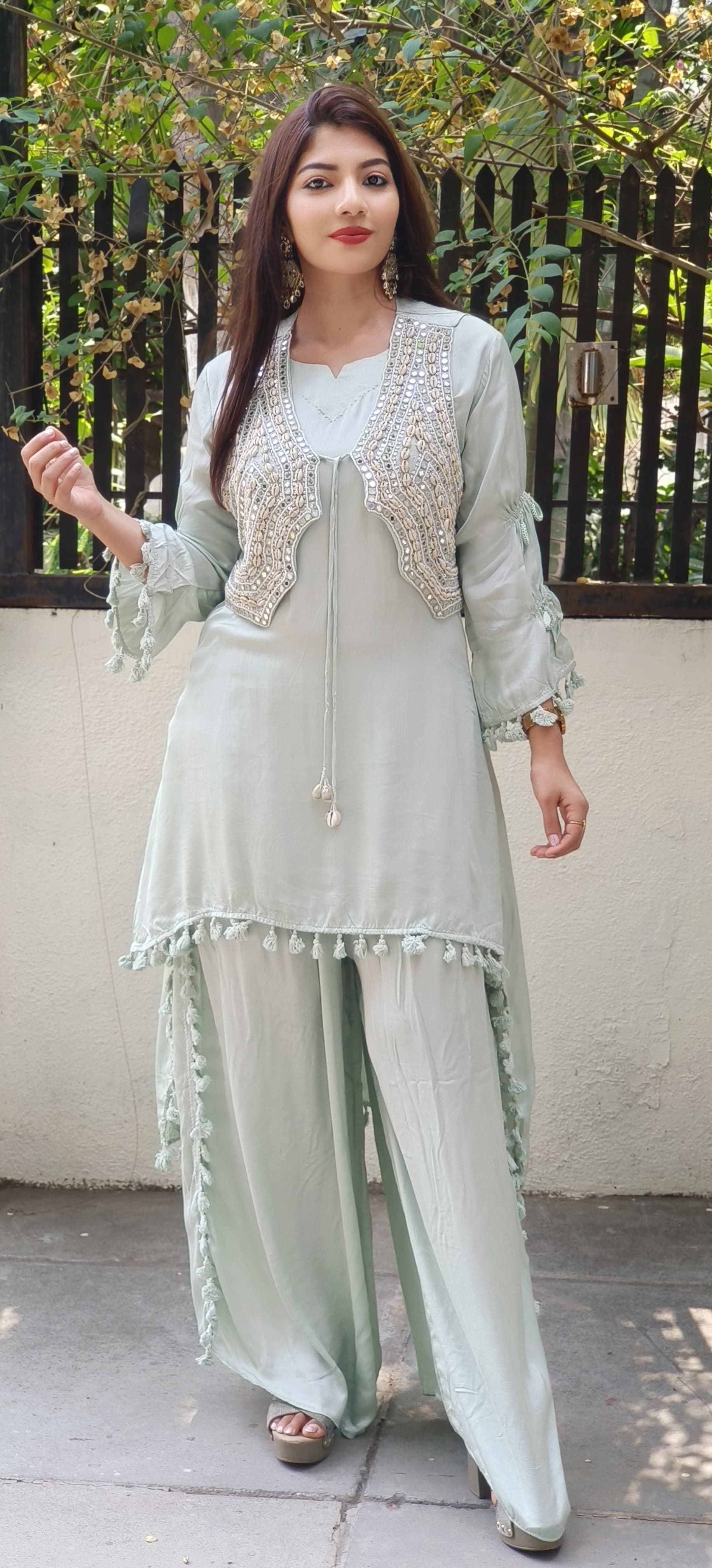 Ethereal Elegance in Pastels β Organza Fabric Mirror Work High-Low Kurta Set with Handcrafted Boho Jacket 9314,09316,09315