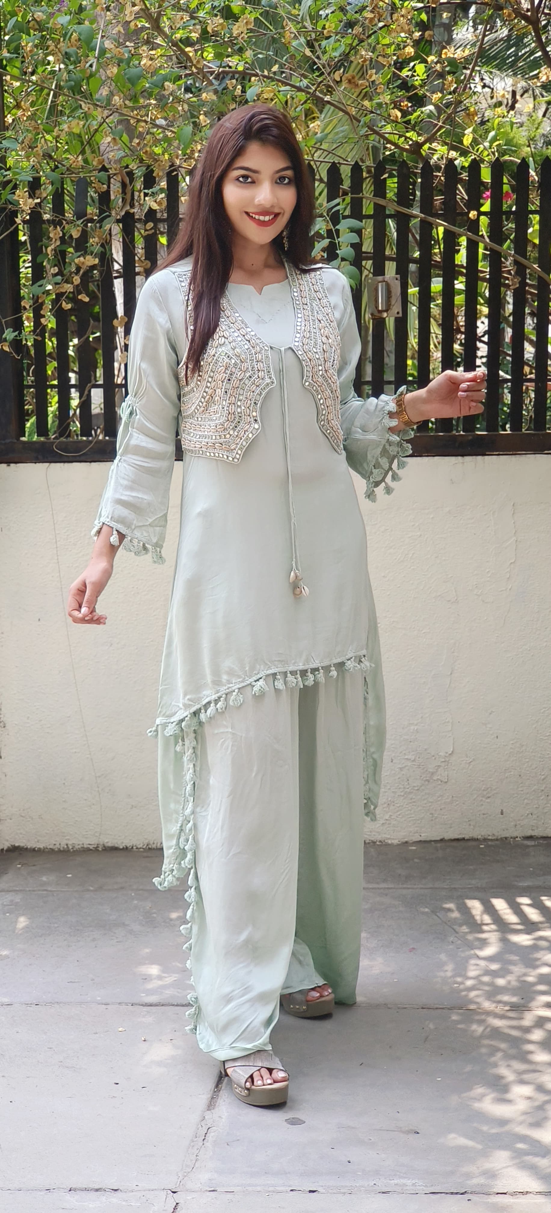 Ethereal Elegance in Pastels β Organza Fabric Mirror Work High-Low Kurta Set with Handcrafted Boho Jacket 9314,09316,09315