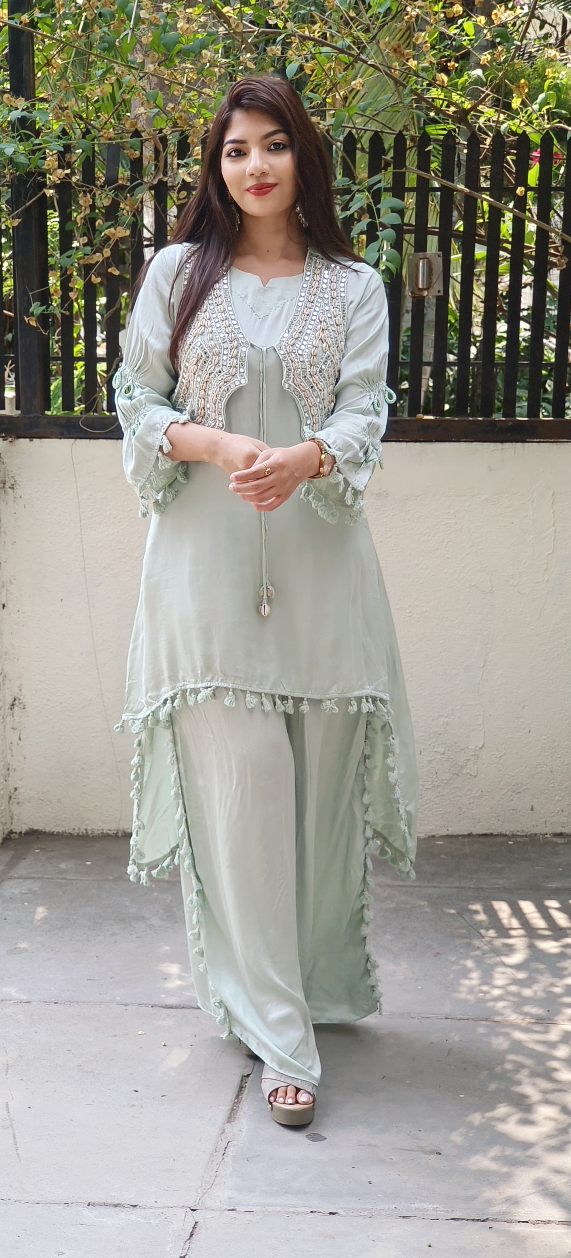 Ethereal Elegance in Pastels β Organza Fabric Mirror Work High-Low Kurta Set with Handcrafted Boho Jacket 9314,09316,09315