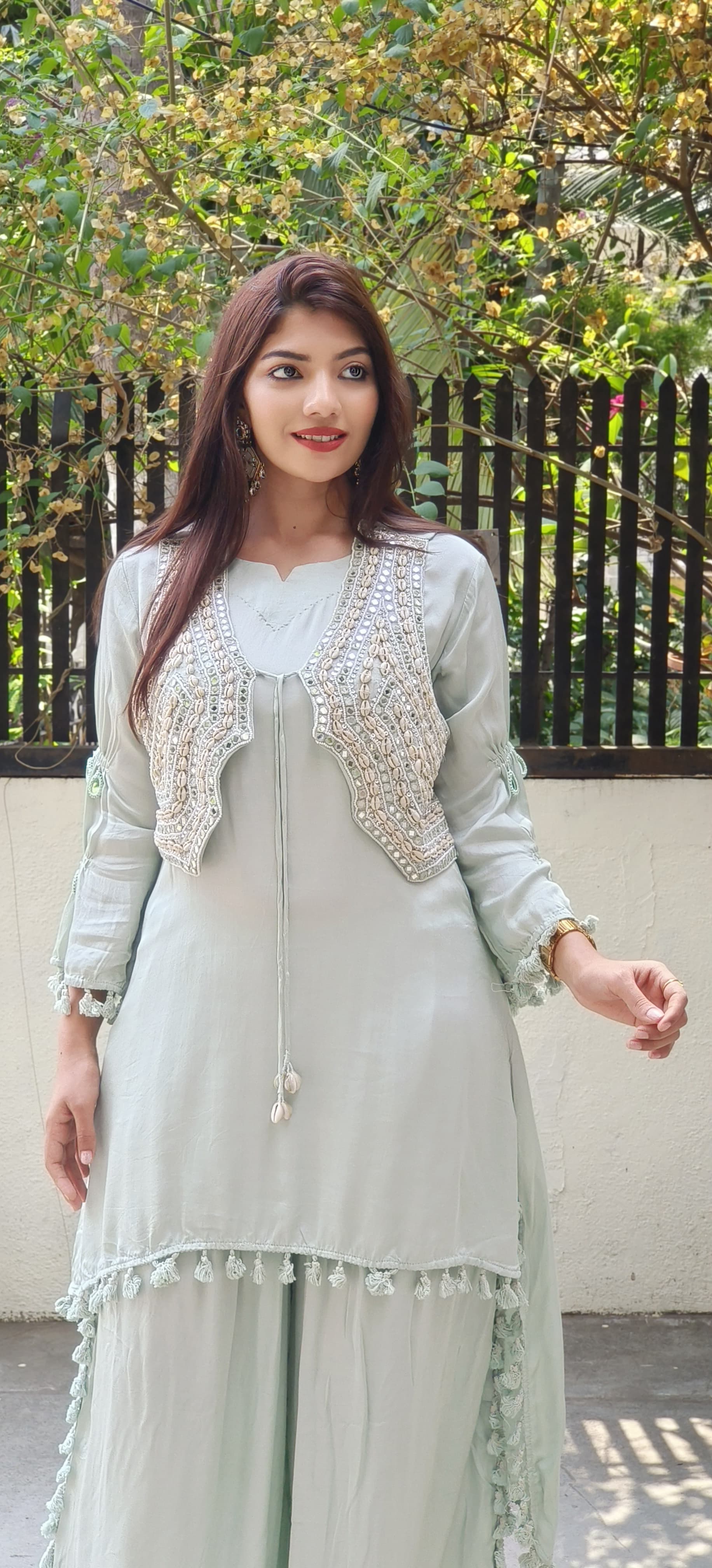 Ethereal Elegance in Pastels β Organza Fabric Mirror Work High-Low Kurta Set with Handcrafted Boho Jacket 9314,09316,09315