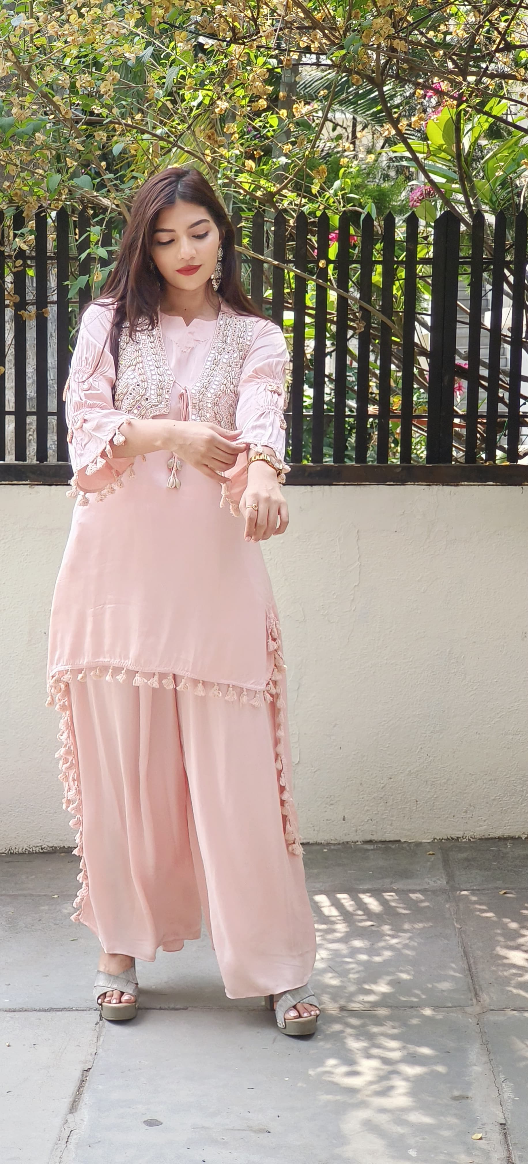 Ethereal Elegance in Pastels β Organza Fabric Mirror Work High-Low Kurta Set with Handcrafted Boho Jacket 9314,09316,09315