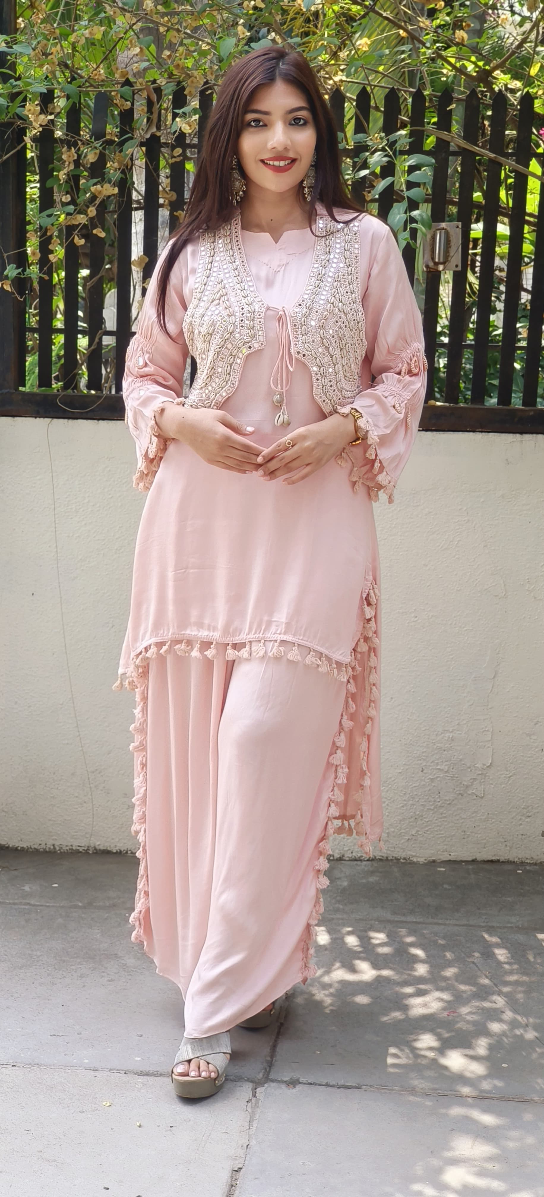 Ethereal Elegance in Pastels β Organza Fabric Mirror Work High-Low Kurta Set with Handcrafted Boho Jacket 9314,09316,09315