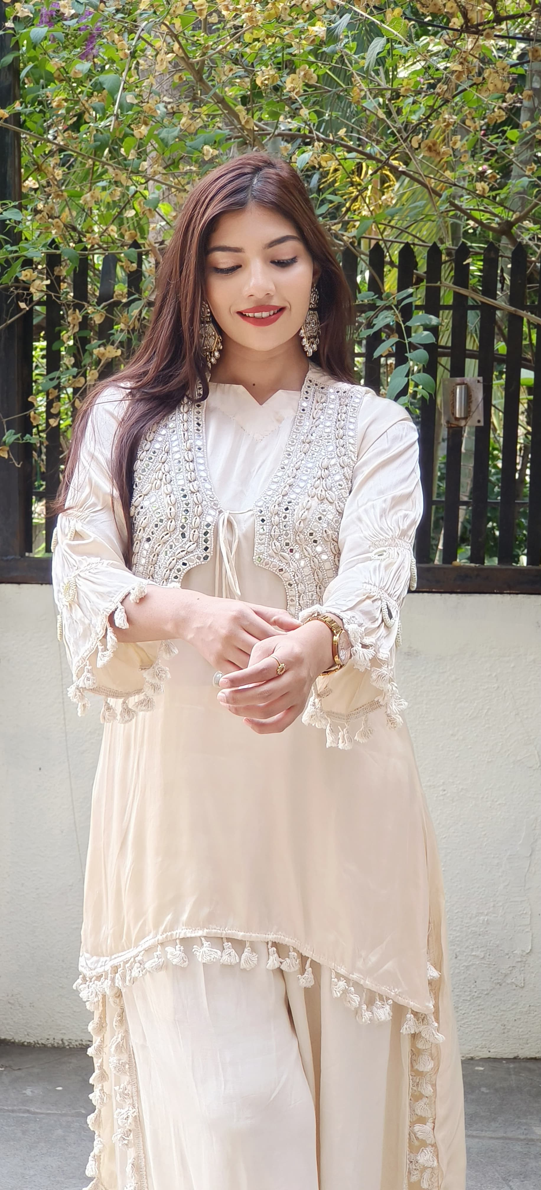 Ethereal Elegance in Pastels β Organza Fabric Mirror Work High-Low Kurta Set with Handcrafted Boho Jacket 9314,09316,09315