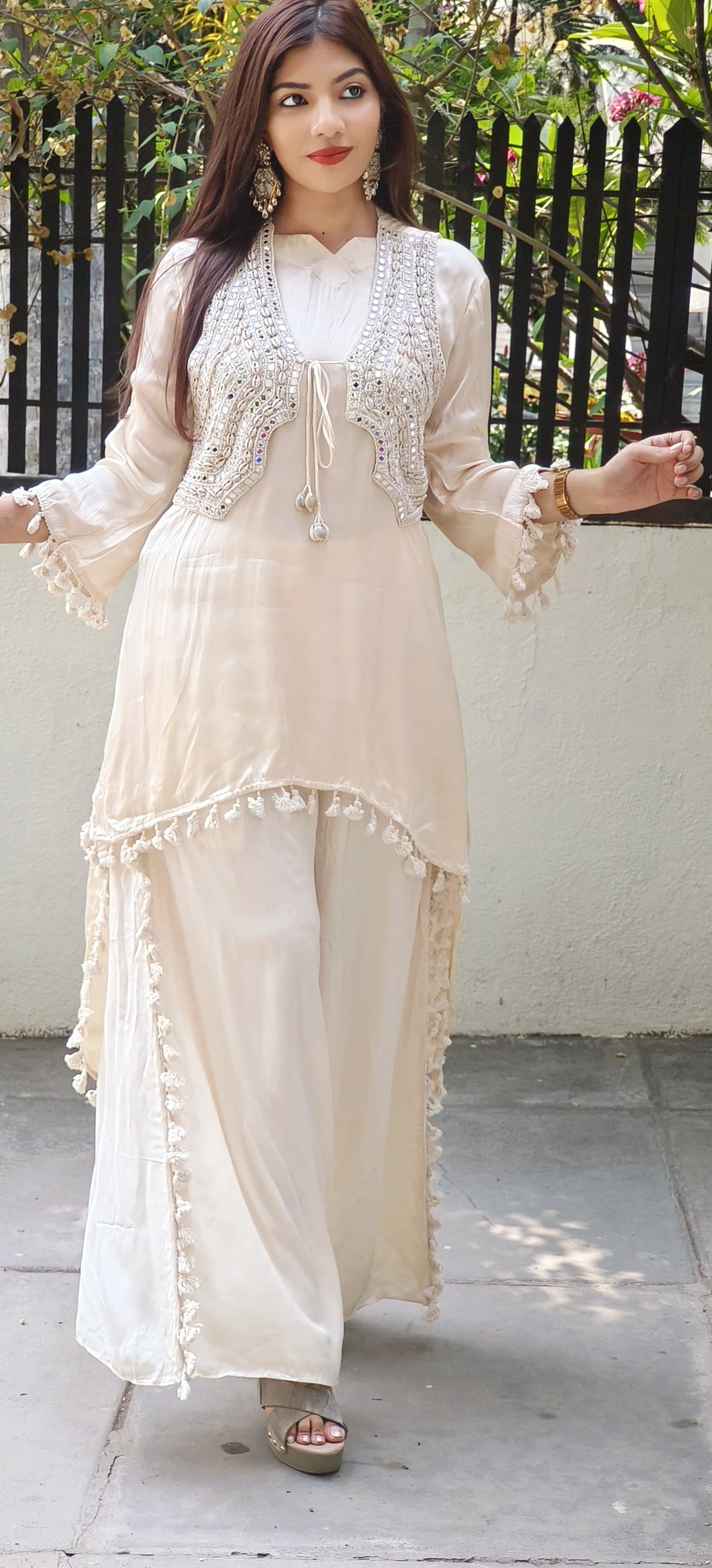 Ethereal Elegance in Pastels β Organza Fabric Mirror Work High-Low Kurta Set with Handcrafted Boho Jacket 9314,09316,09315