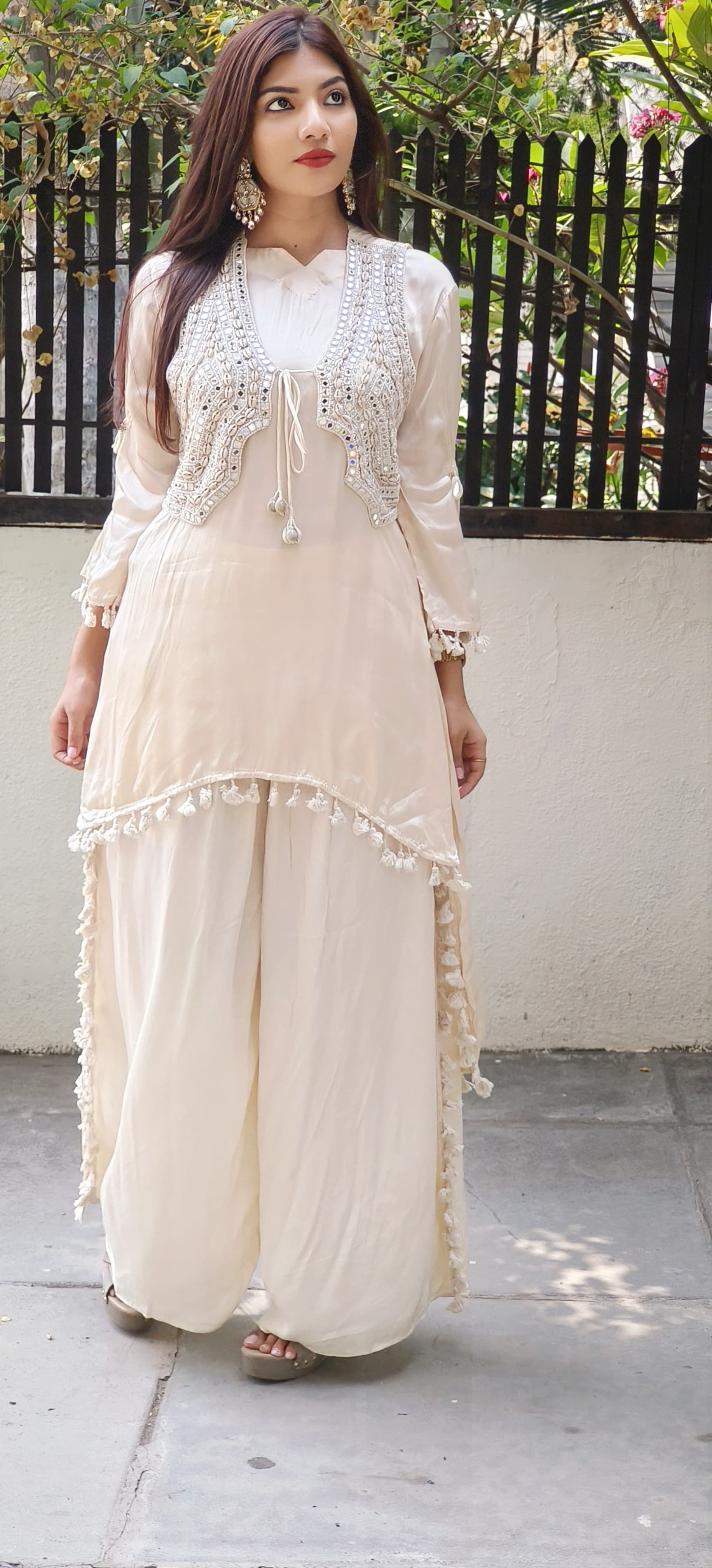 Ethereal Elegance in Pastels β Organza Fabric Mirror Work High-Low Kurta Set with Handcrafted Boho Jacket 9314,09316,09315