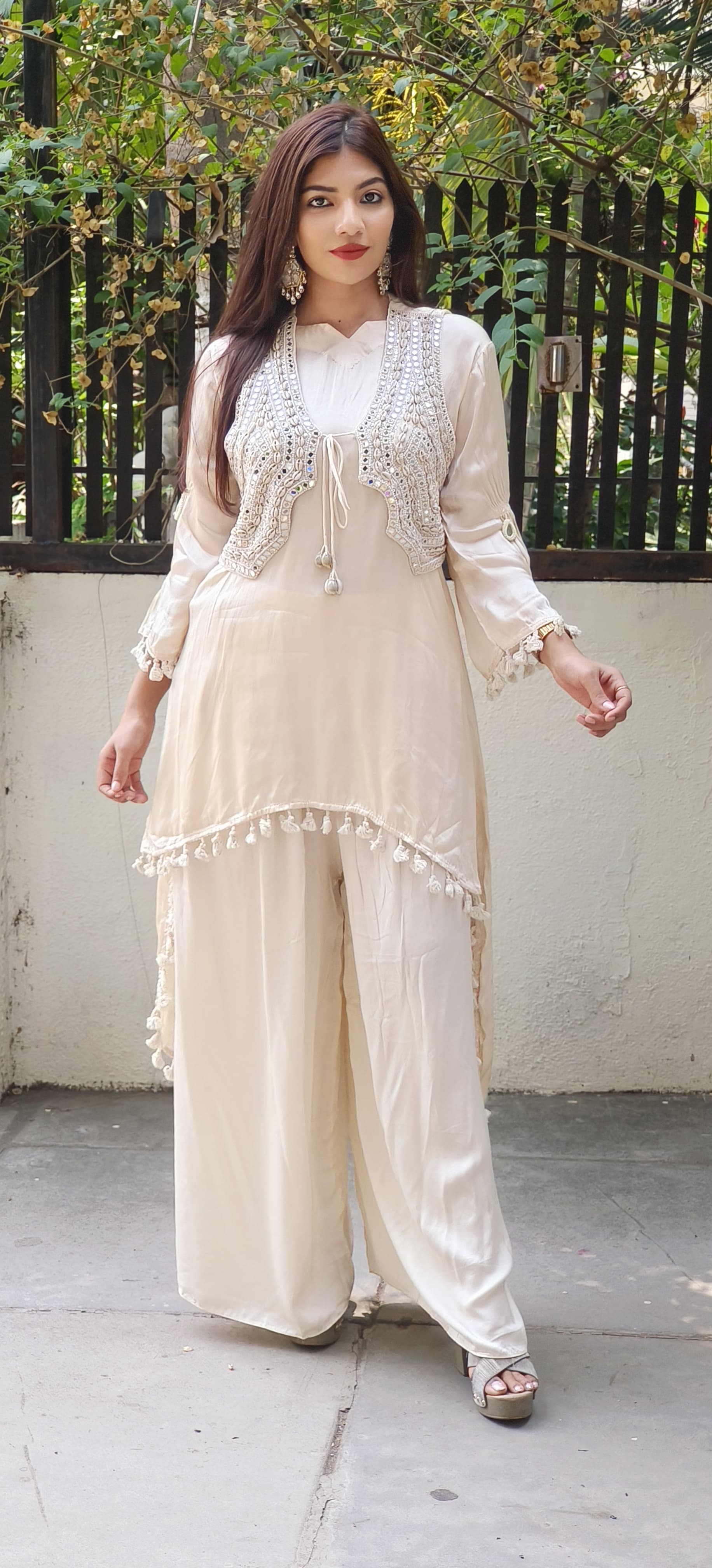 Ethereal Elegance in Pastels β Organza Fabric Mirror Work High-Low Kurta Set with Handcrafted Boho Jacket 9314,09316,09315
