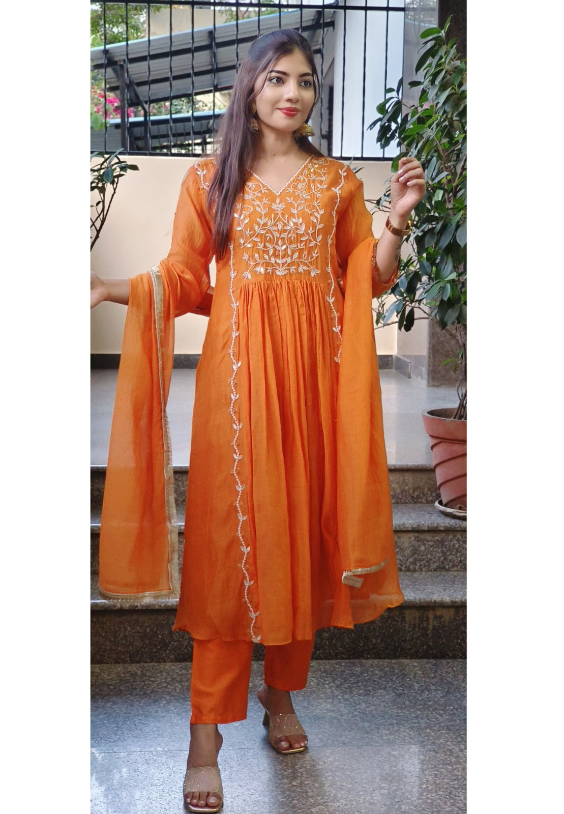 Radiant Orange Mul Chanderi Cotton Full Suit Set with Hand Zardozi, Pearl & Gota Patti Embroidery β Festive Wear with Graceful Detailing DRYWASH-09327