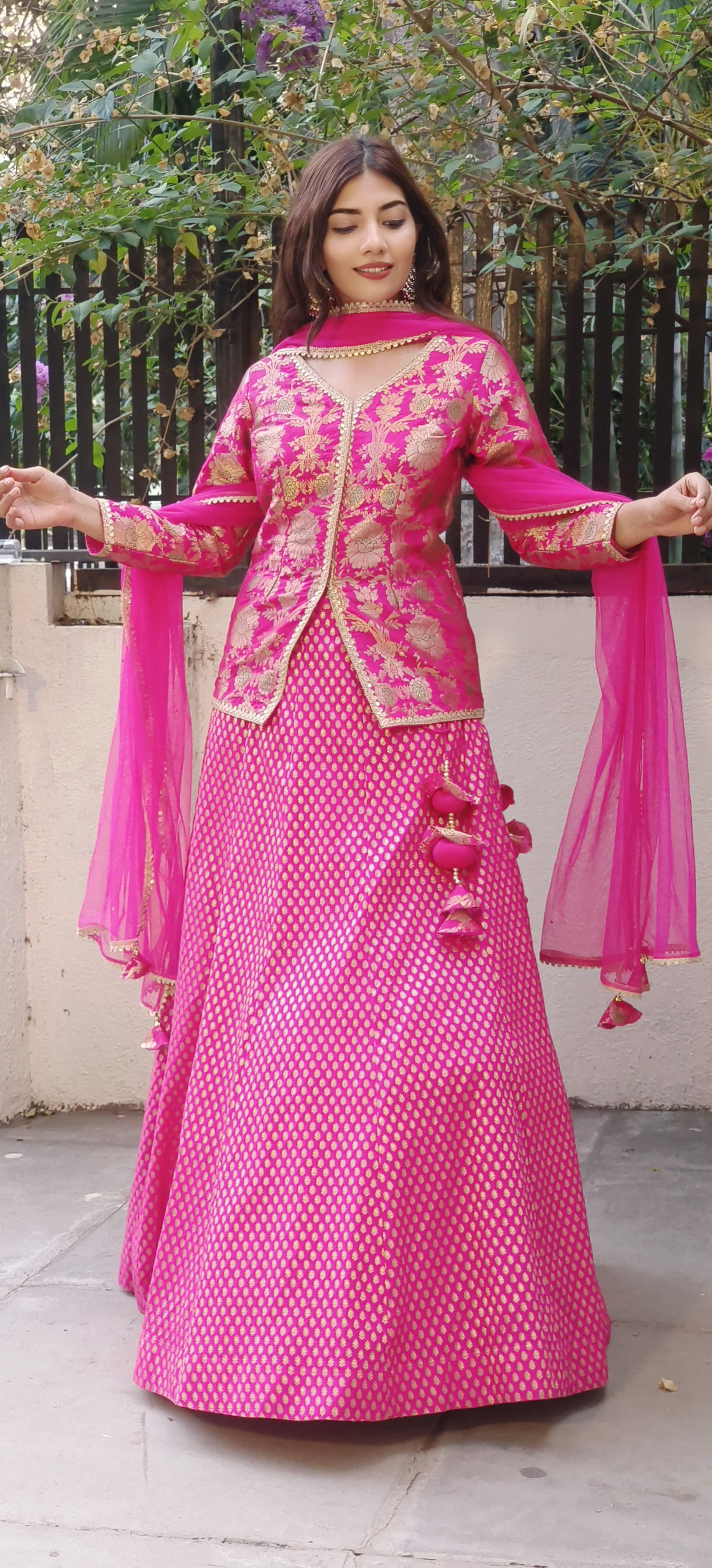 Regal Fuchsia Banarasi Silk Lehenga Set: Embellished Long Top with Matching Skirt and Dupatta ONLY ON ORDERS DISPATCHING AFTER 30 DAYS
