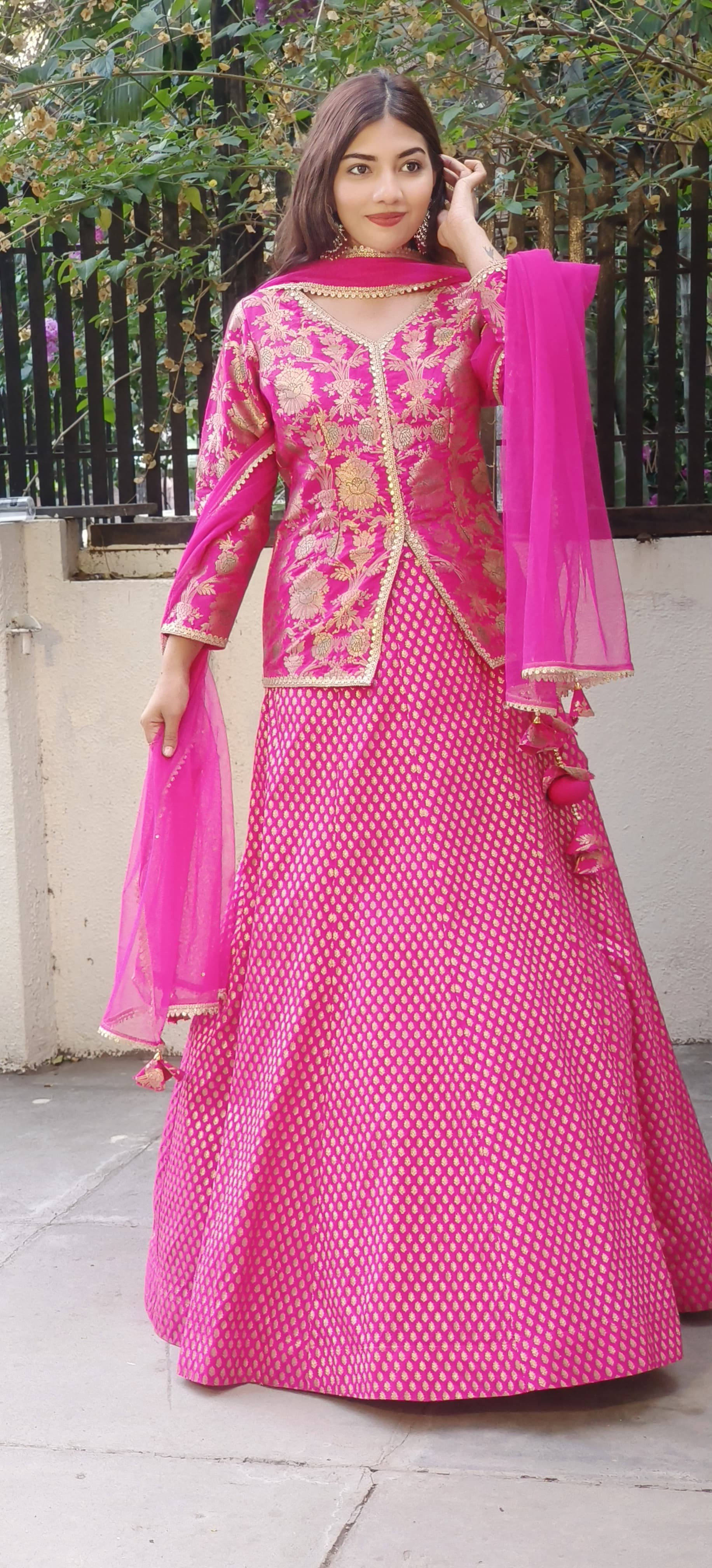 Regal Fuchsia Banarasi Silk Lehenga Set: Embellished Long Top with Matching Skirt and Dupatta ONLY ON ORDERS DISPATCHING AFTER 30 DAYS