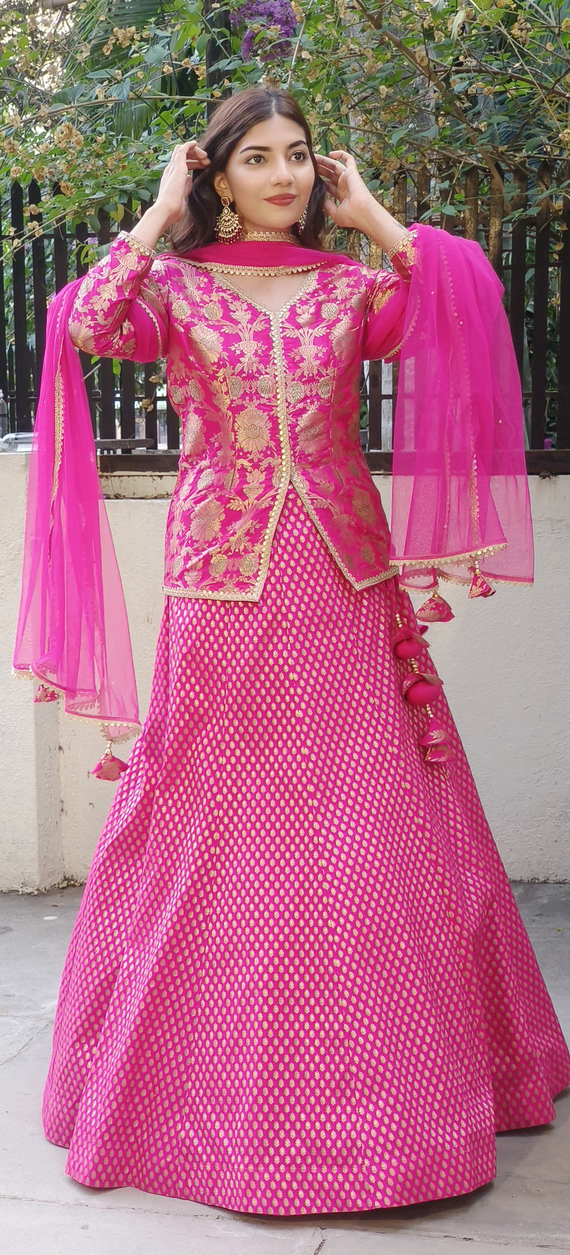 Regal Fuchsia Banarasi Silk Lehenga Set: Embellished Long Top with Matching Skirt and Dupatta ONLY ON ORDERS DISPATCHING AFTER 30 DAYS