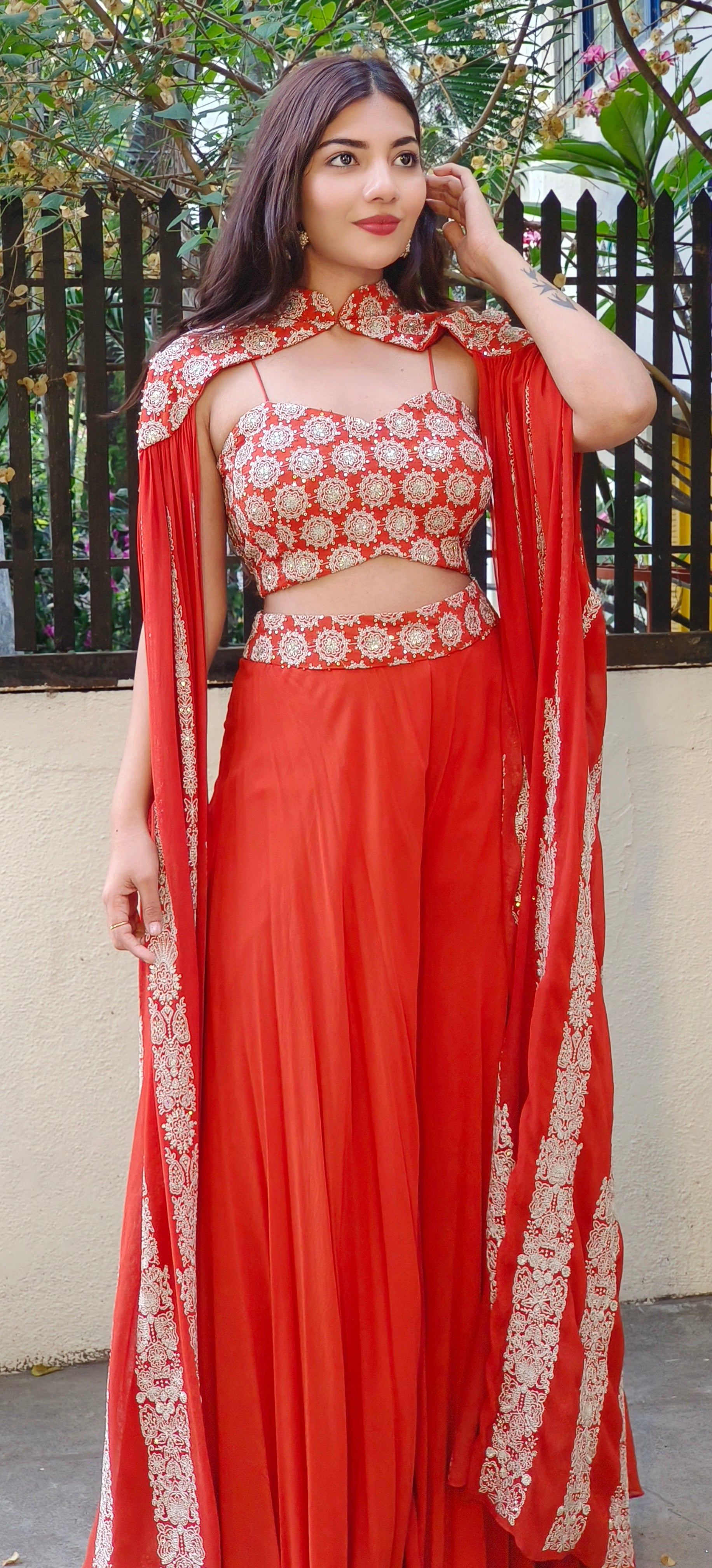 A chic chinon fabric outfit featuring a hand-embroidered cape-style top paired with flowy palazzos, perfect for an elegant look-DRY WASH-ONLY ON ORDERS DISPATCHING AFTER 30 DAYS