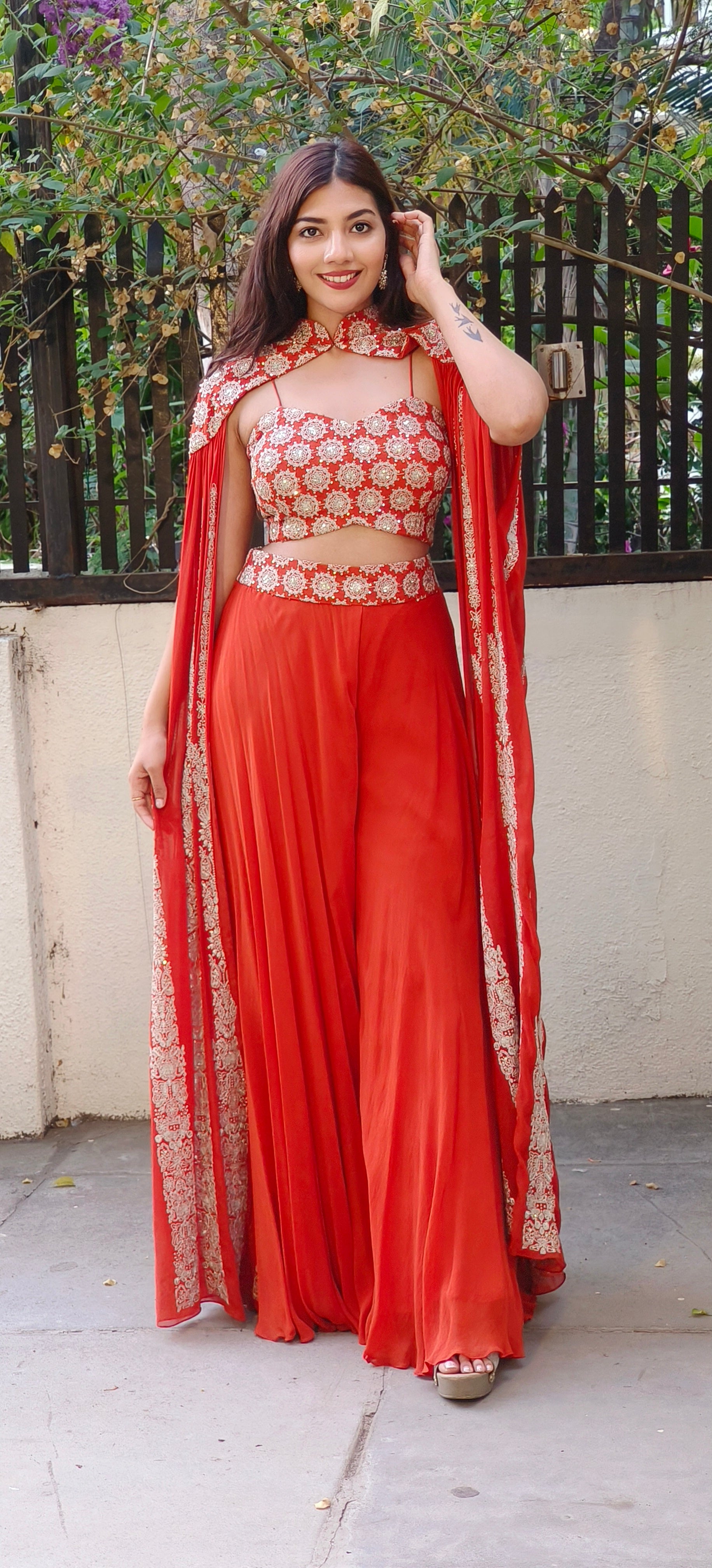 A chic chinon fabric outfit featuring a hand-embroidered cape-style top paired with flowy palazzos, perfect for an elegant look-DRY WASH-ONLY ON ORDERS DISPATCHING AFTER 30 DAYS