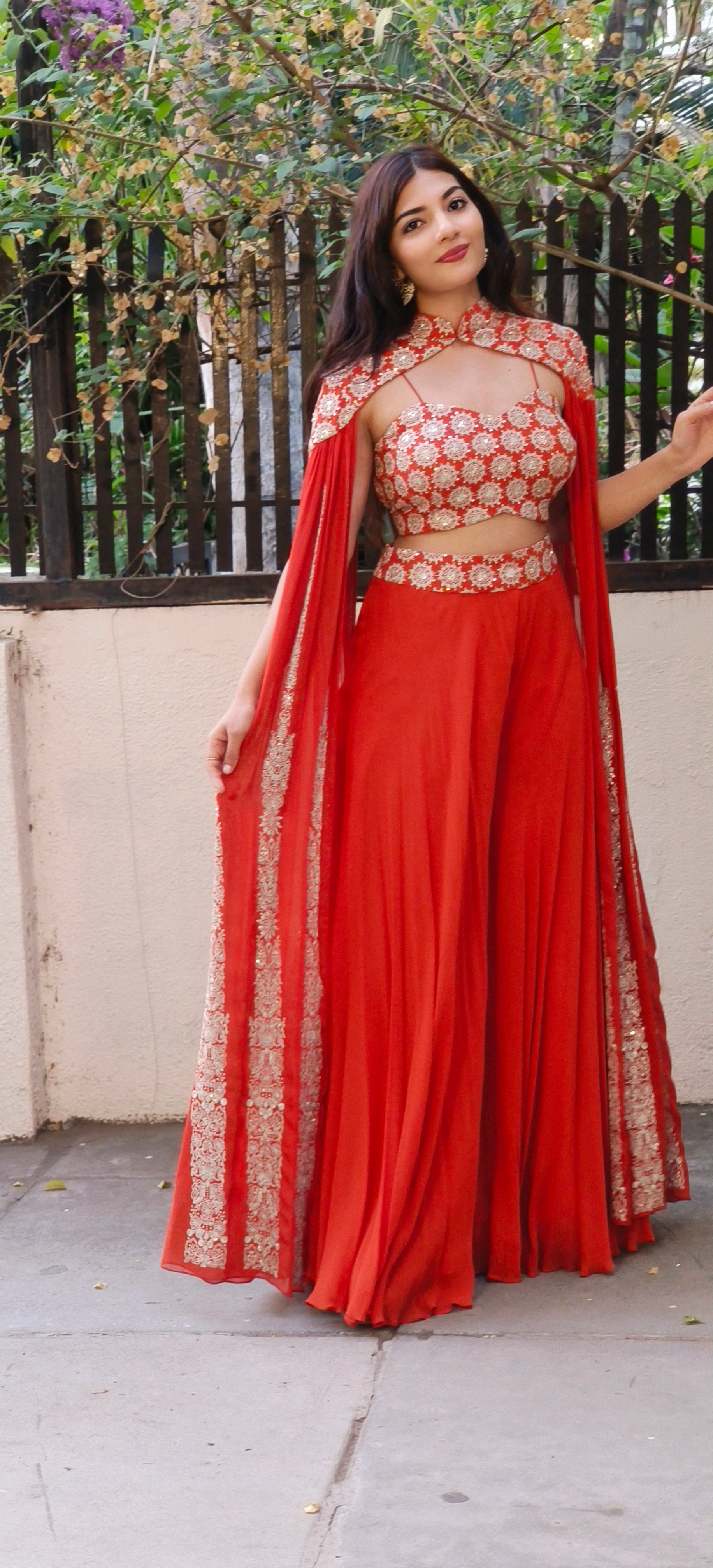 A chic chinon fabric outfit featuring a hand-embroidered cape-style top paired with flowy palazzos, perfect for an elegant look-DRY WASH-ONLY ON ORDERS DISPATCHING AFTER 30 DAYS