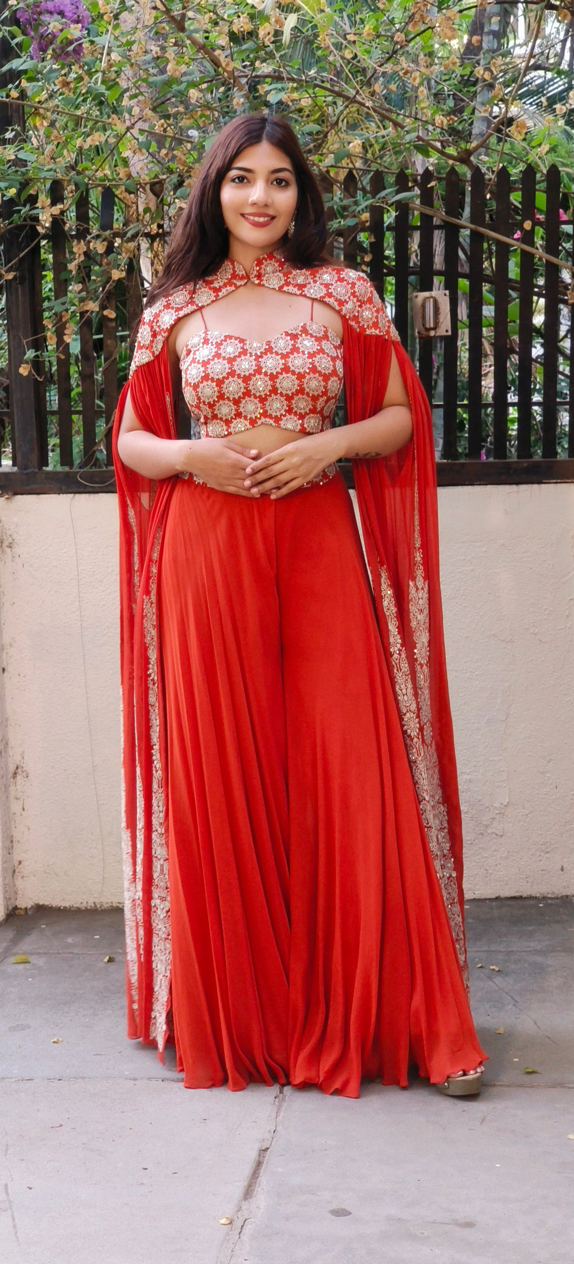 A chic chinon fabric outfit featuring a hand-embroidered cape-style top paired with flowy palazzos, perfect for an elegant look-DRY WASH-ONLY ON ORDERS DISPATCHING AFTER 30 DAYS