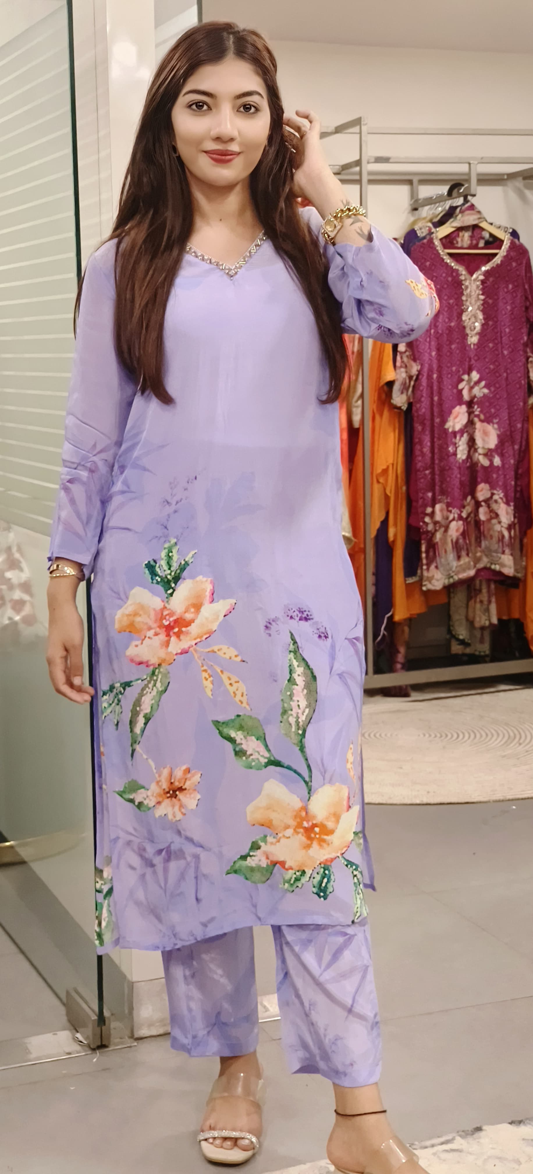 Floral Print Elegant Crape Kurta-Pant with Chiffon Dupatta-9382