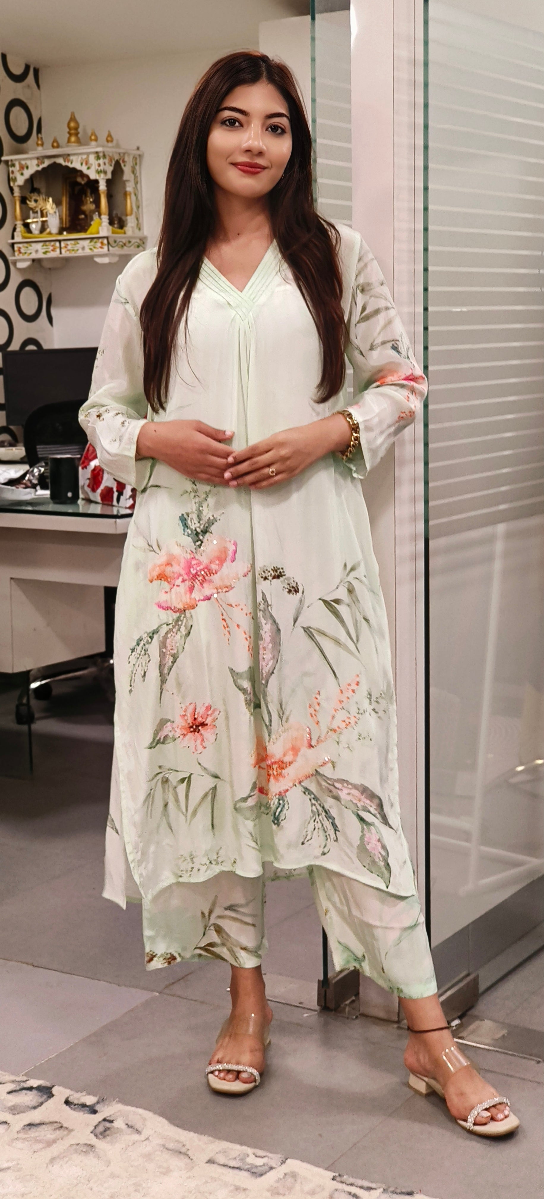 Mint Green Floral Print Elegant Crape Kurta-Pant -9380