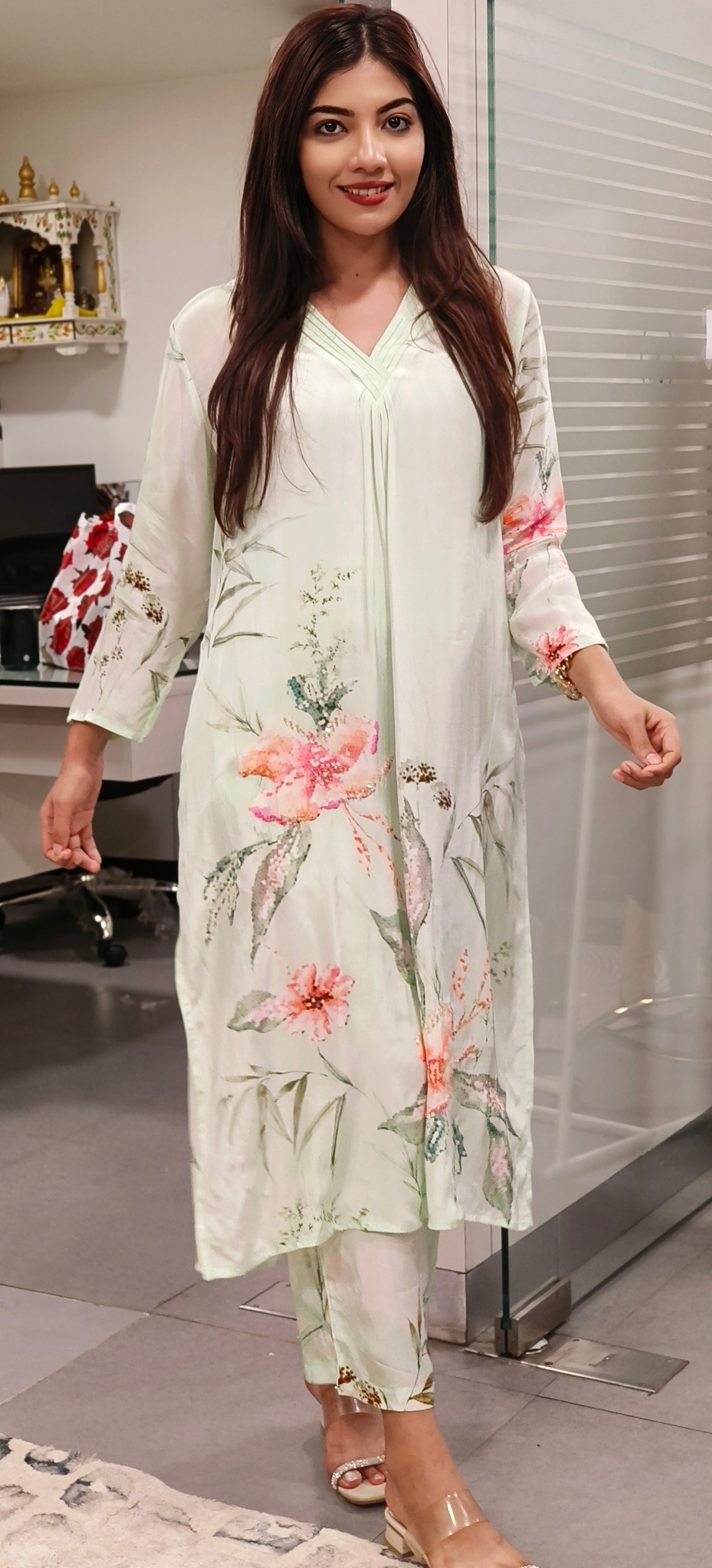 Mint Green Floral Print Elegant Crape Kurta-Pant -9380
