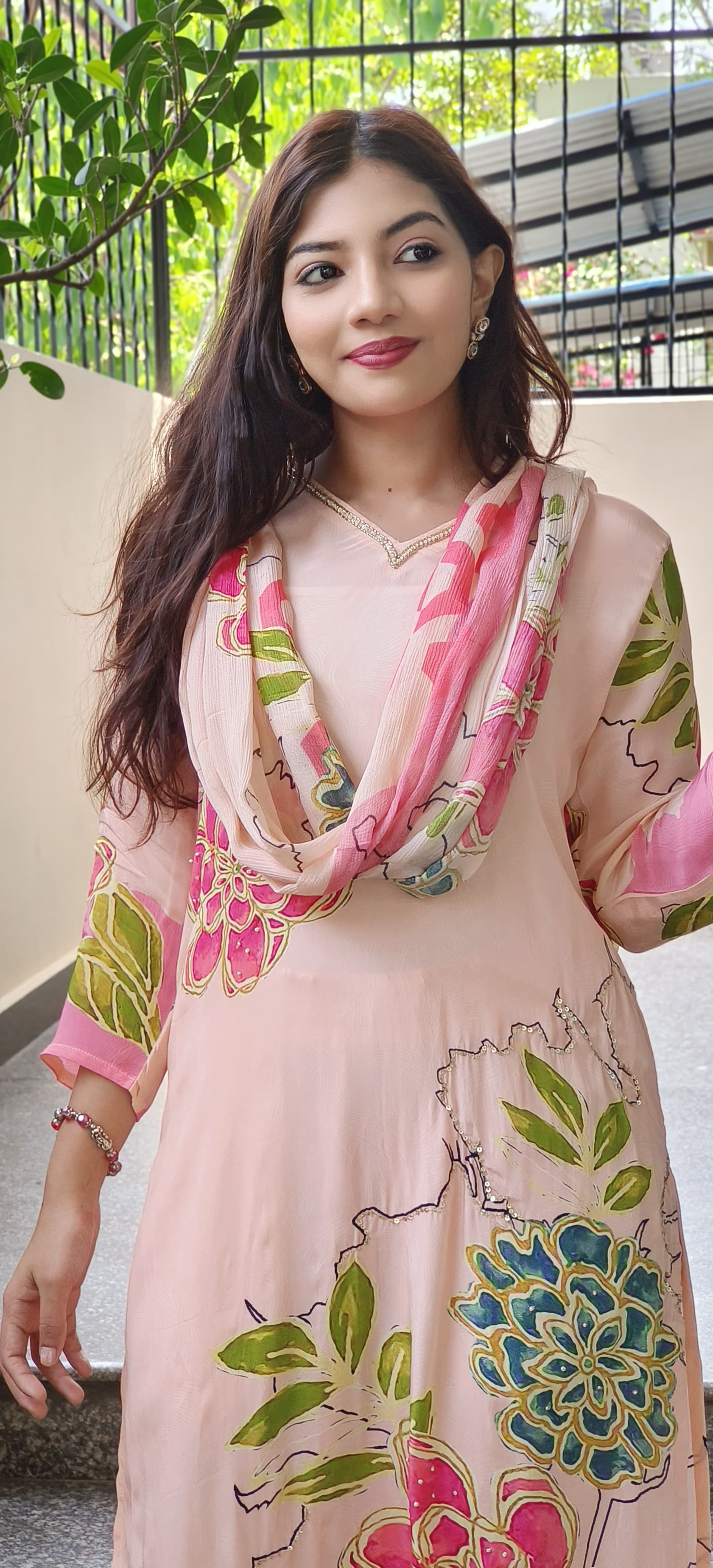 Embroidered Neck Floral Elegance Premium Crape Kurta Pant with Chinon Dupatta -9383