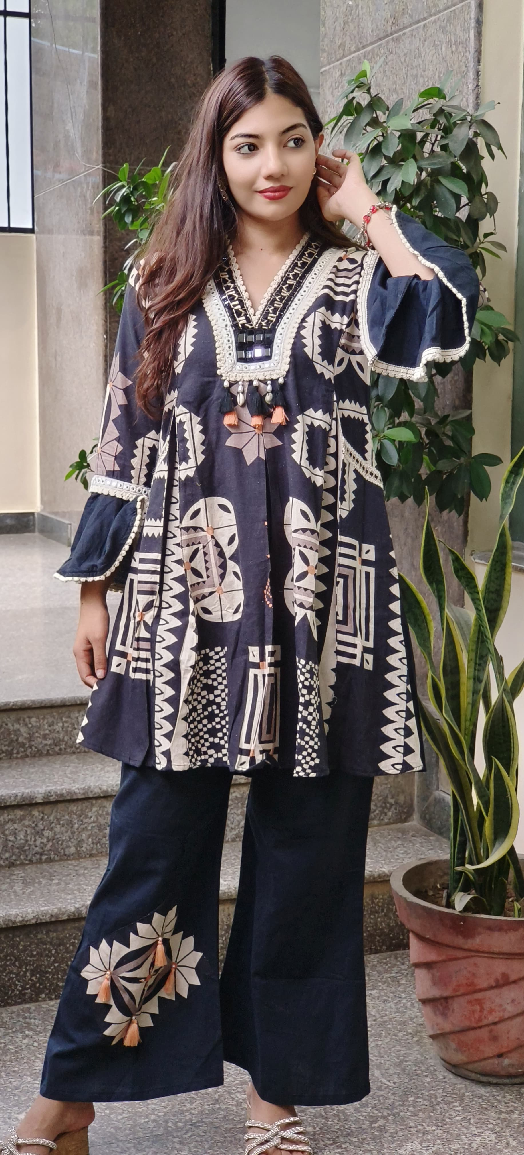 Flex Cotton Tribal-Inspired Printed Kurta with Embellished Details