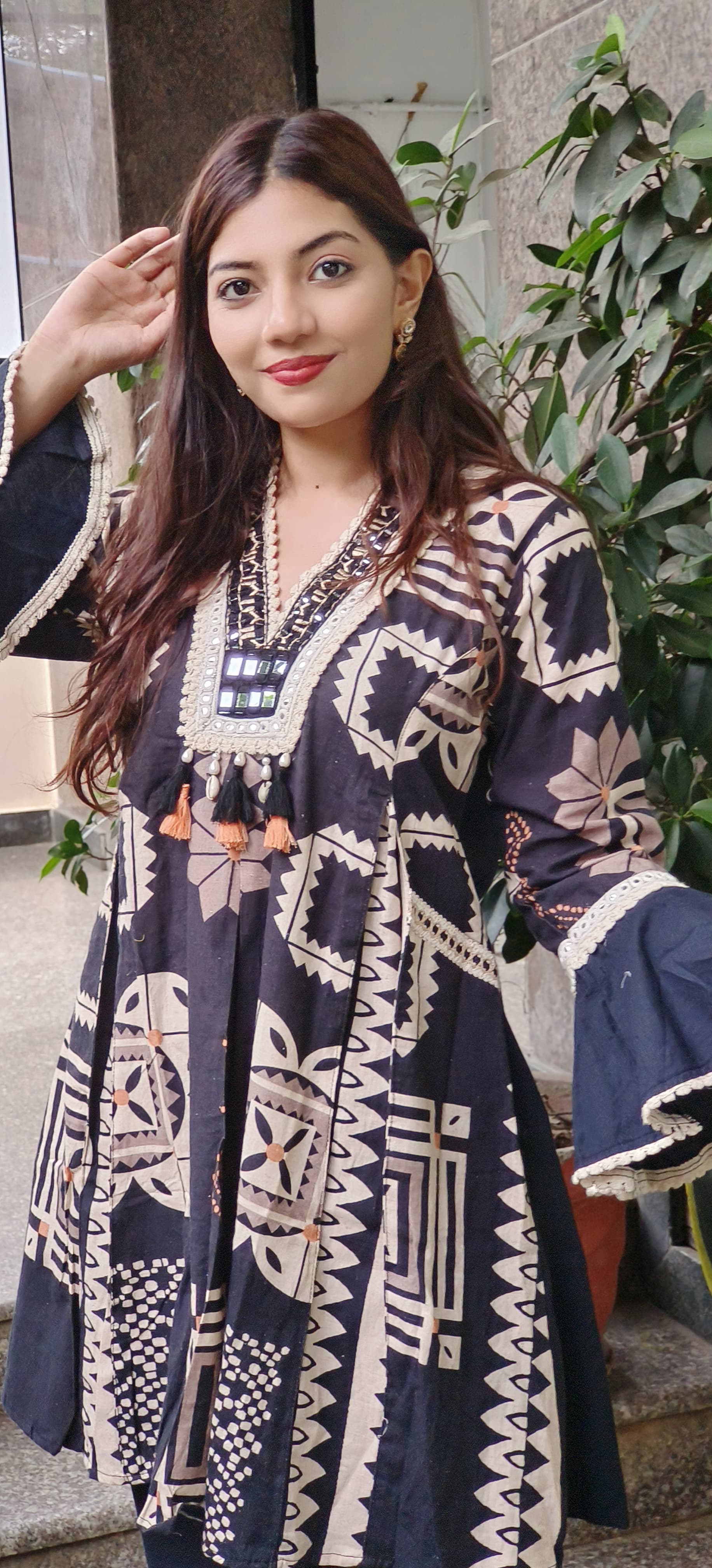 Flex Cotton Tribal-Inspired Printed Kurta with Embellished Details