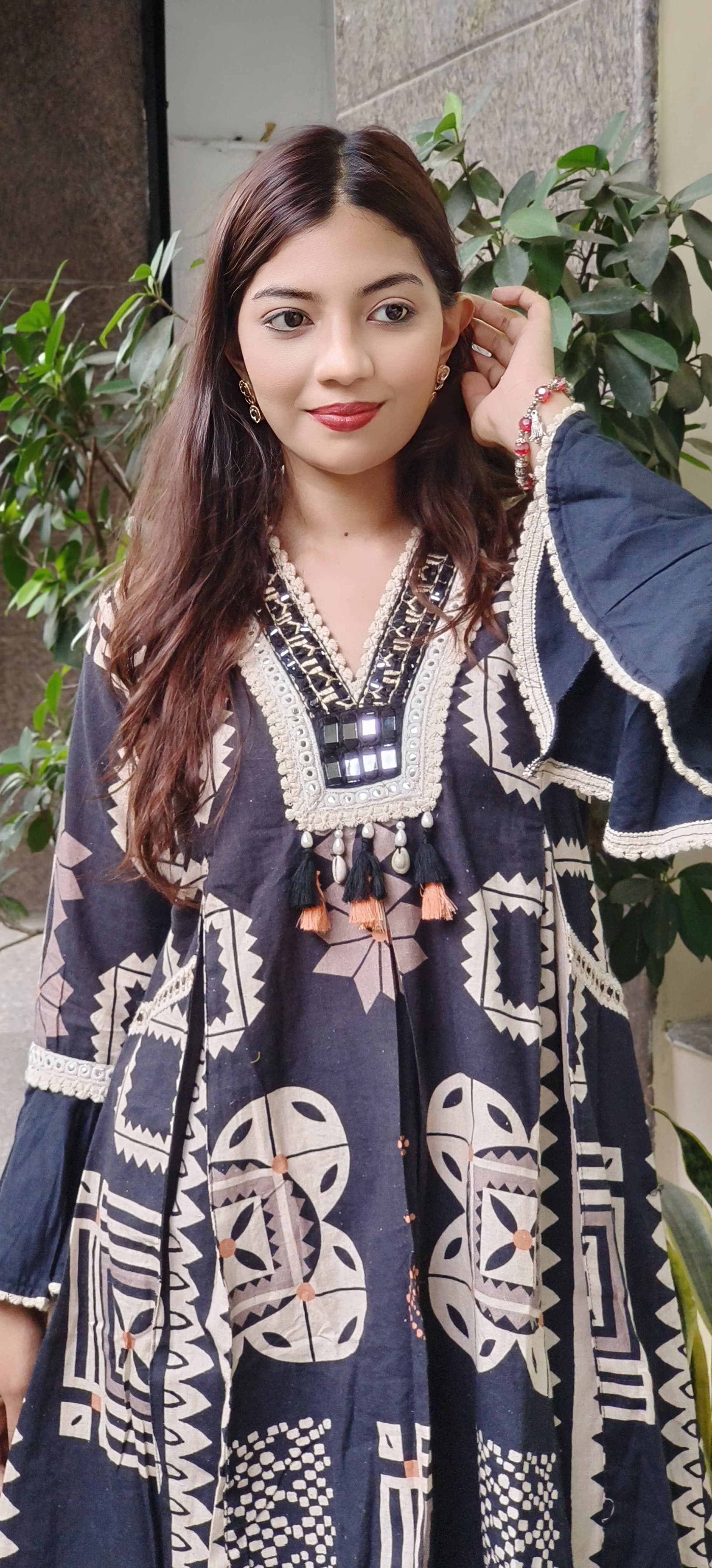 Flex Cotton Tribal-Inspired Printed Kurta with Embellished Details