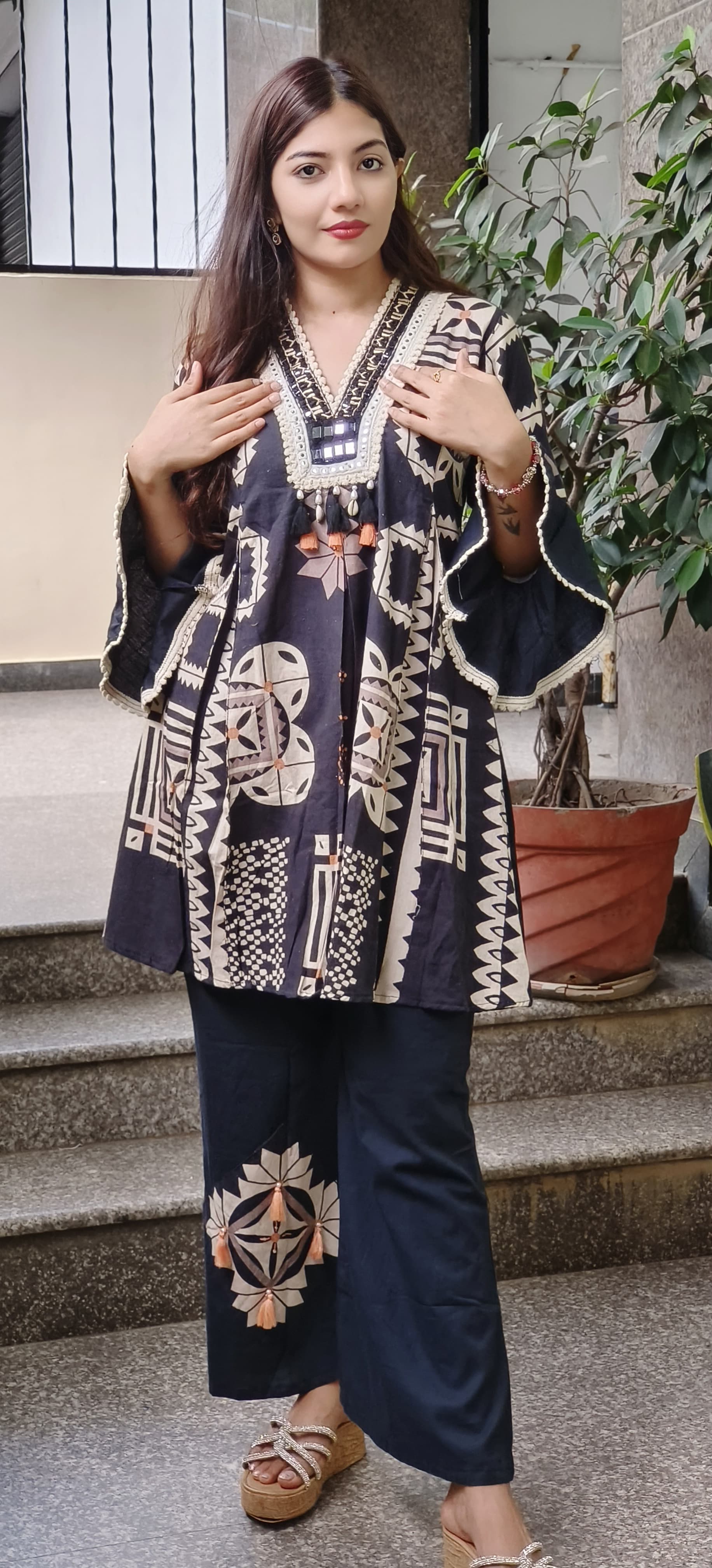Flex Cotton Tribal-Inspired Printed Kurta with Embellished Details