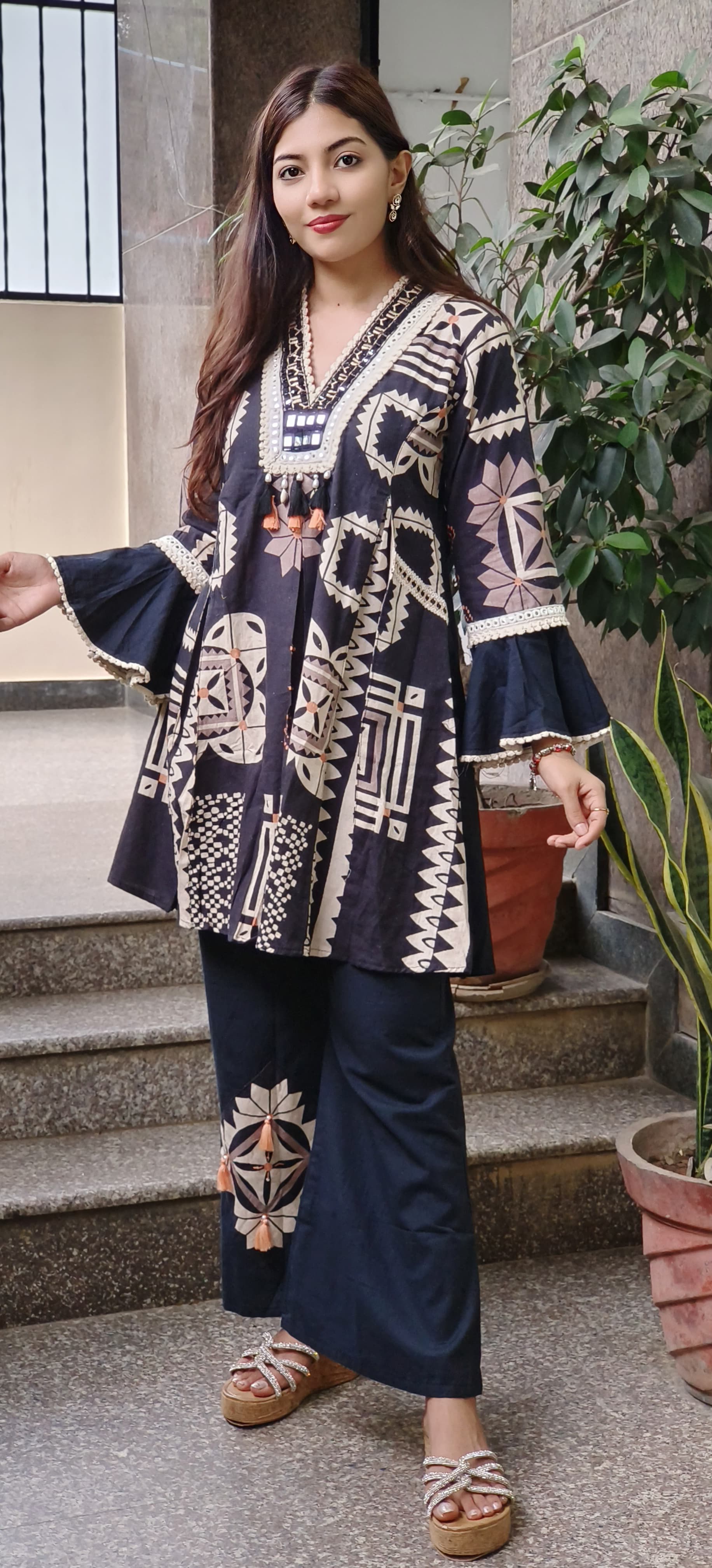 Flex Cotton Tribal-Inspired Printed Kurta with Embellished Details