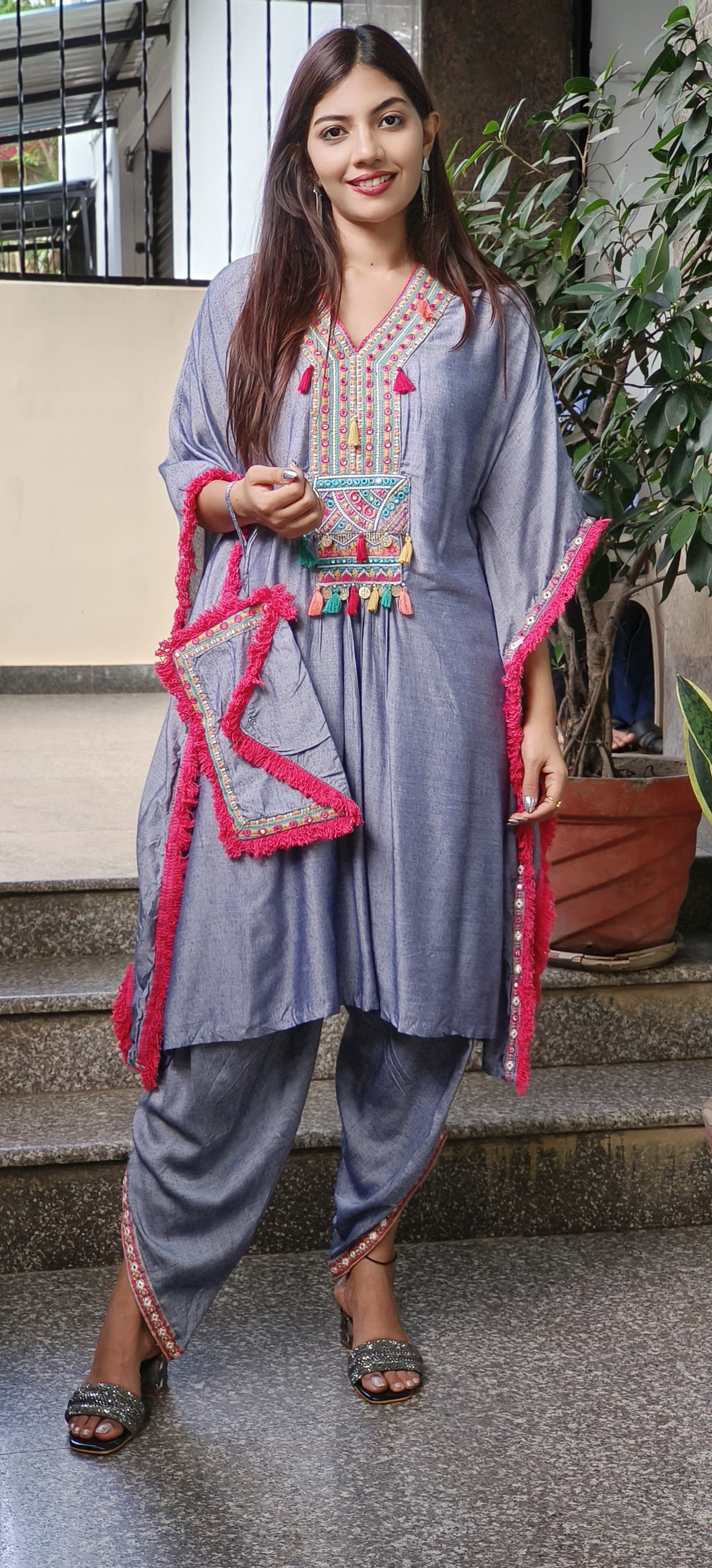 Boho Style Kaftan with Pant Set with Pouch