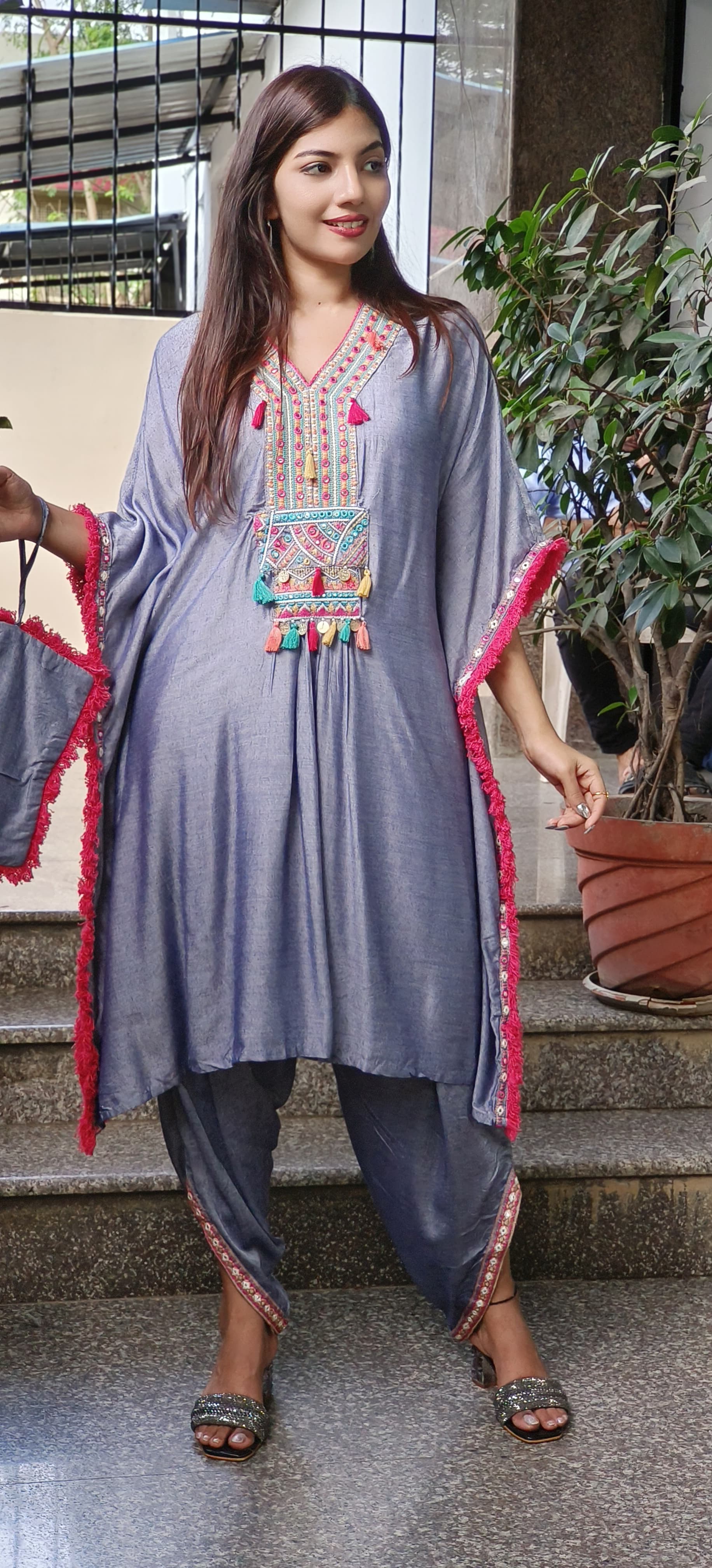 Boho Style Kaftan with Pant Set with Pouch