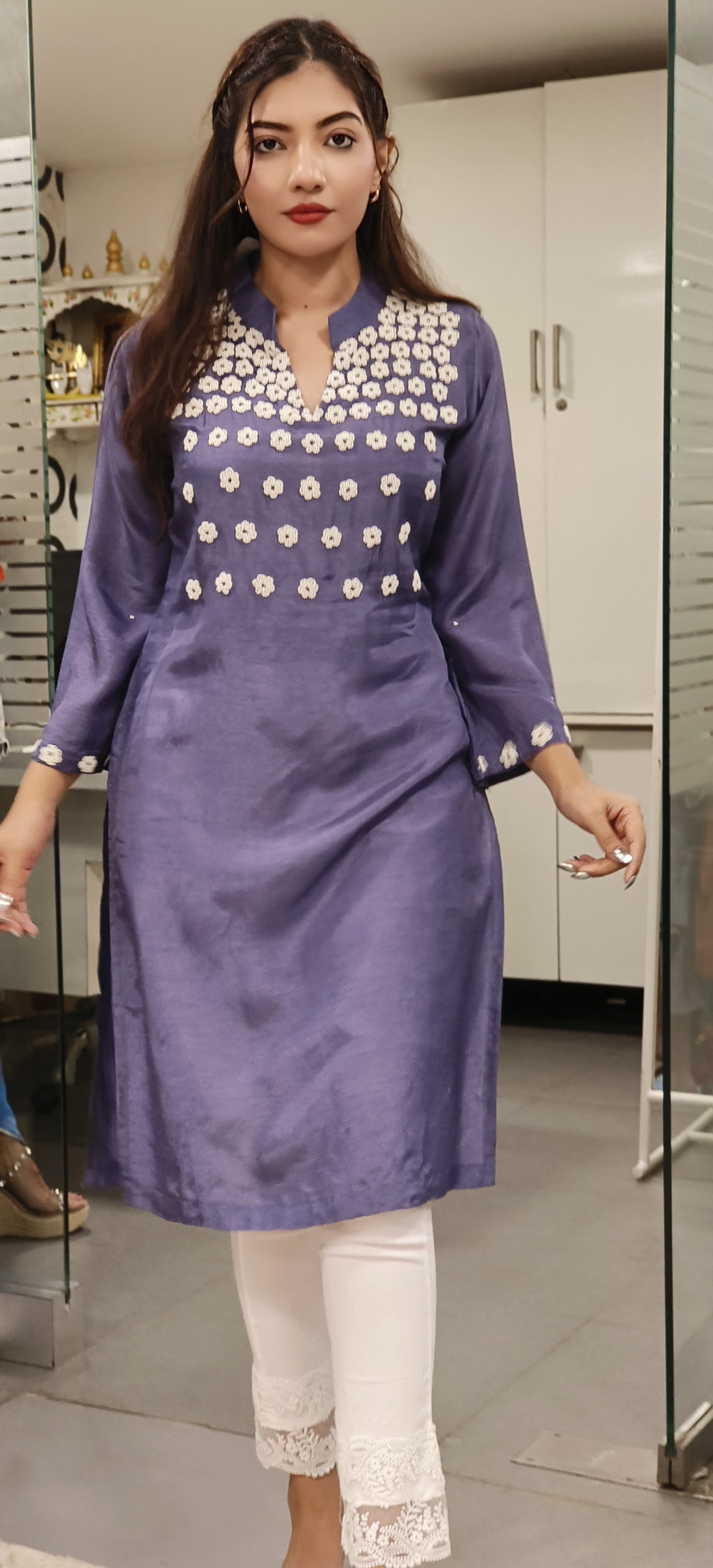 Dola Silk Pearl Hand Embroidered Manderian Collar Only Kurti- Dispatching after 15 Days
