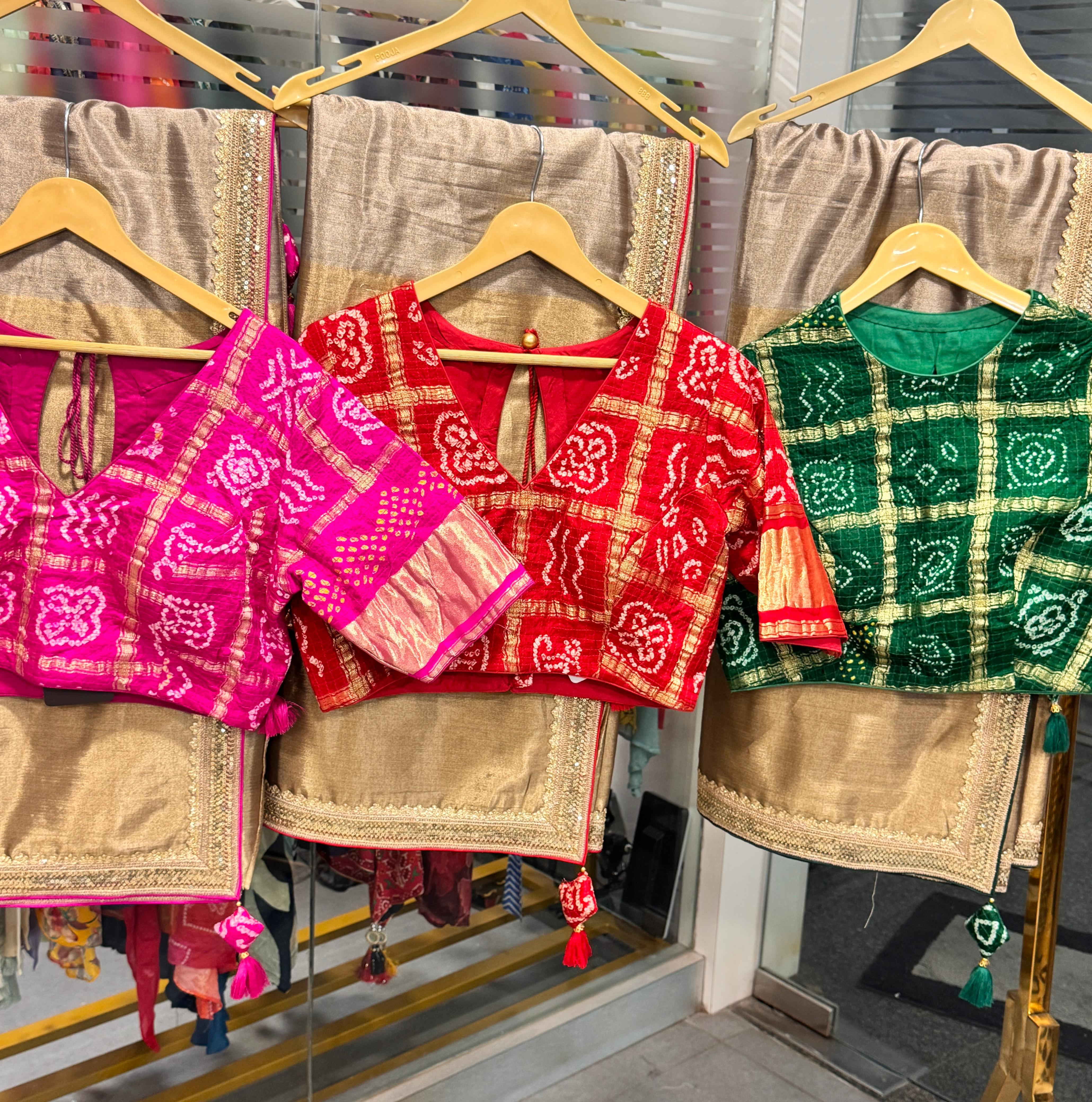 Designer Tissue Silk Plain Gold Dual Tone Silk Saree with Vibrant Bandhani Padded Stiched Blouse