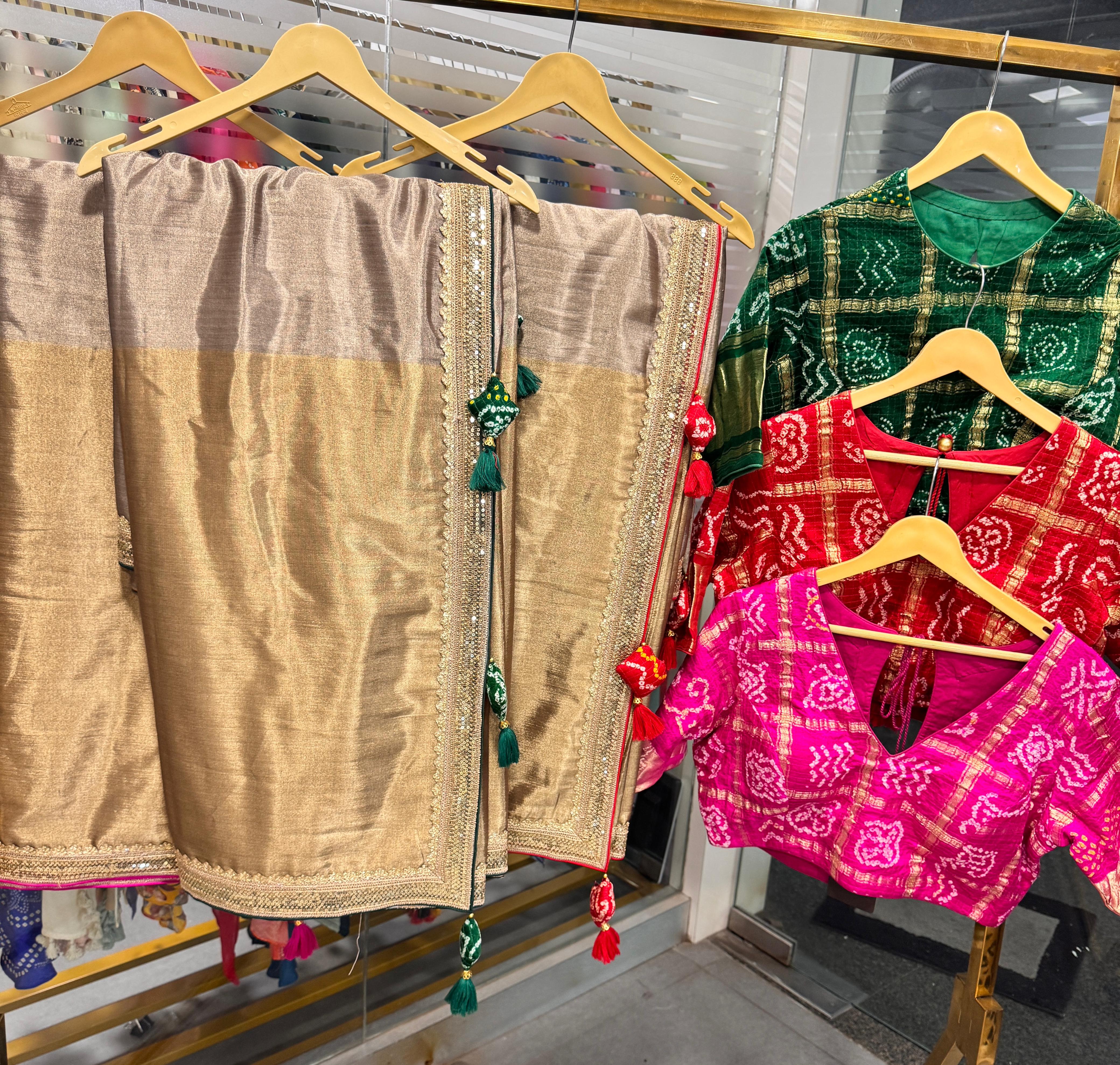 Designer Tissue Silk Plain Gold Dual Tone Silk Saree with Vibrant Bandhani Padded Stiched Blouse