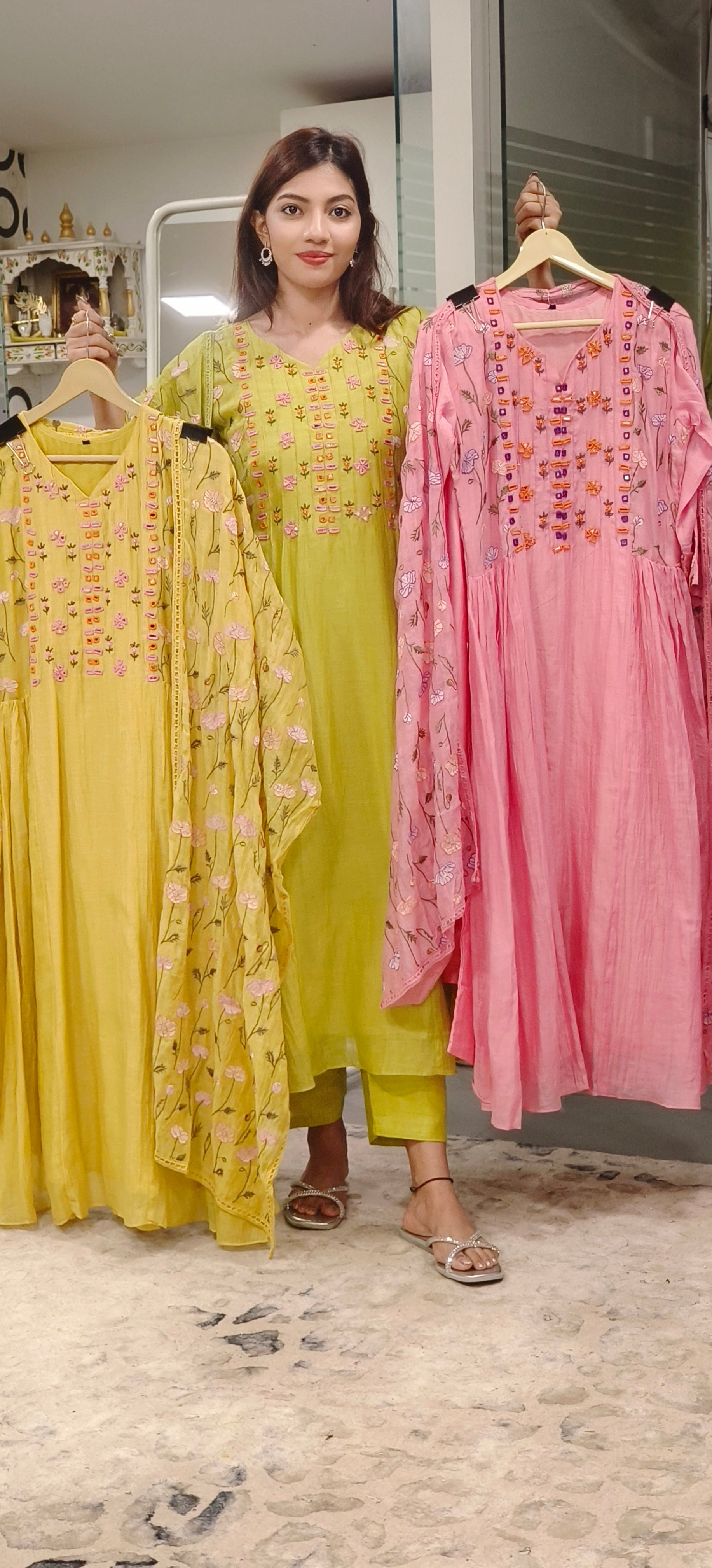 Mul Chanderi Thread Embroidered Work Over Mirror Aline Kurta With Bottom And Dupatta- 09639, 09640, 09641