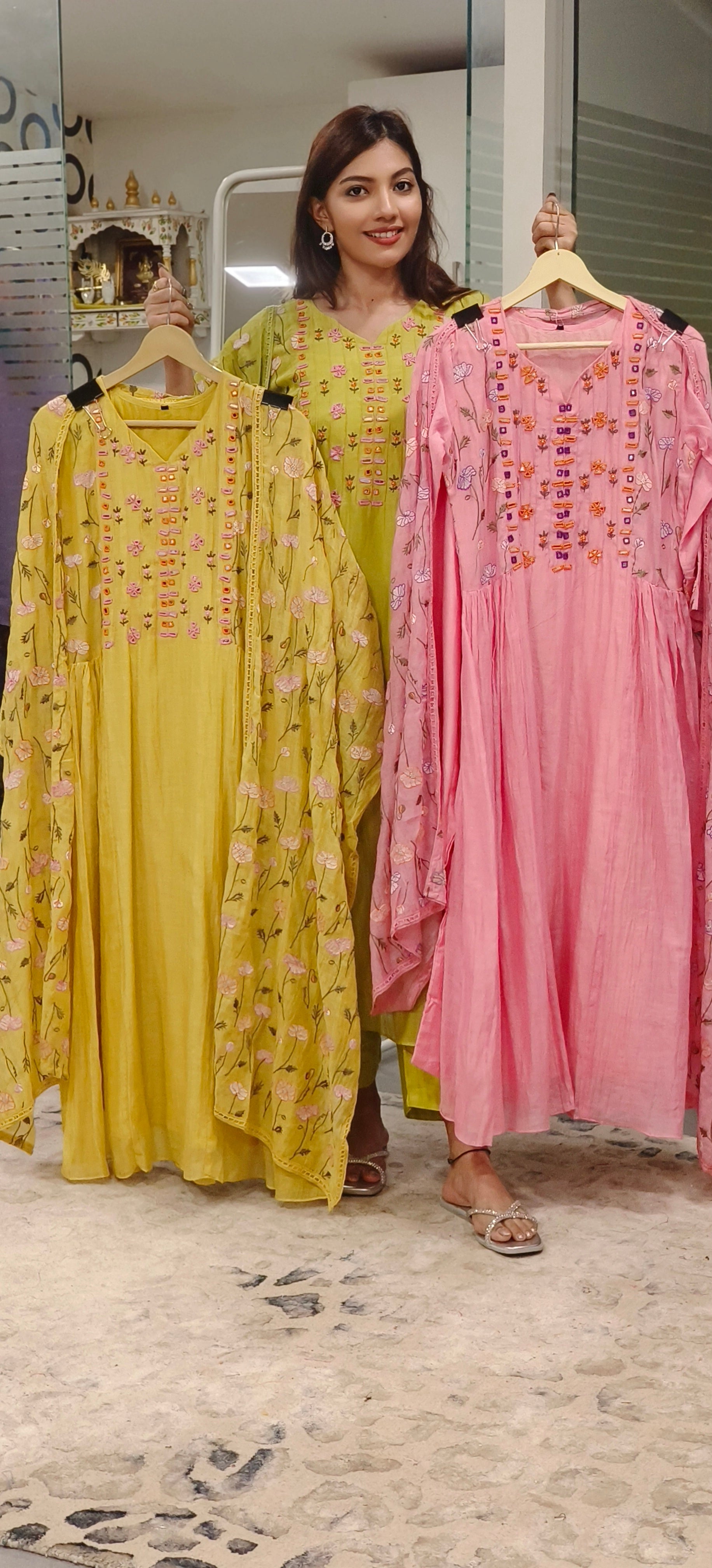 Mul Chanderi Thread Embroidered Work Over Mirror Aline Kurta With Bottom And Dupatta- 09639, 09640, 09641