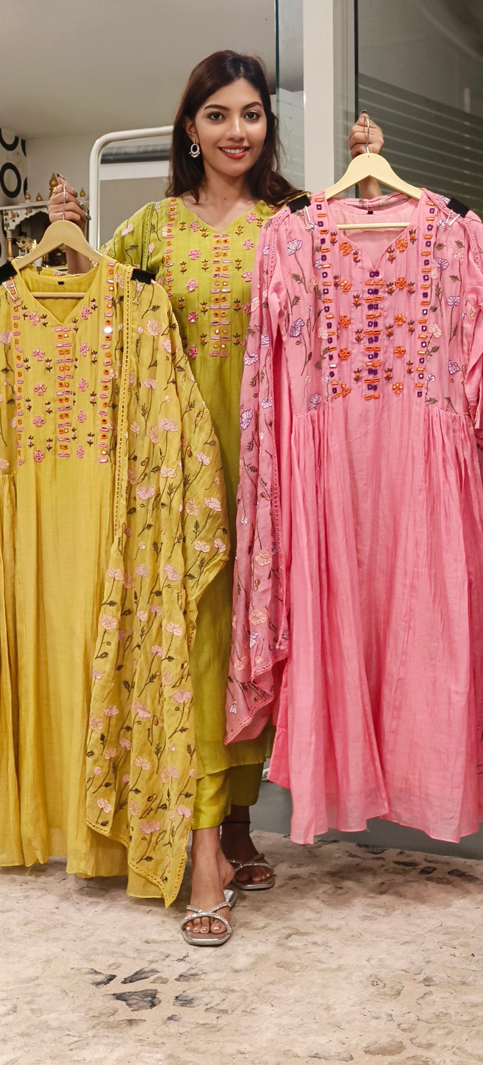 Mul Chanderi Thread Embroidered Work Over Mirror Aline Kurta With Bottom And Dupatta- 09639, 09640, 09641
