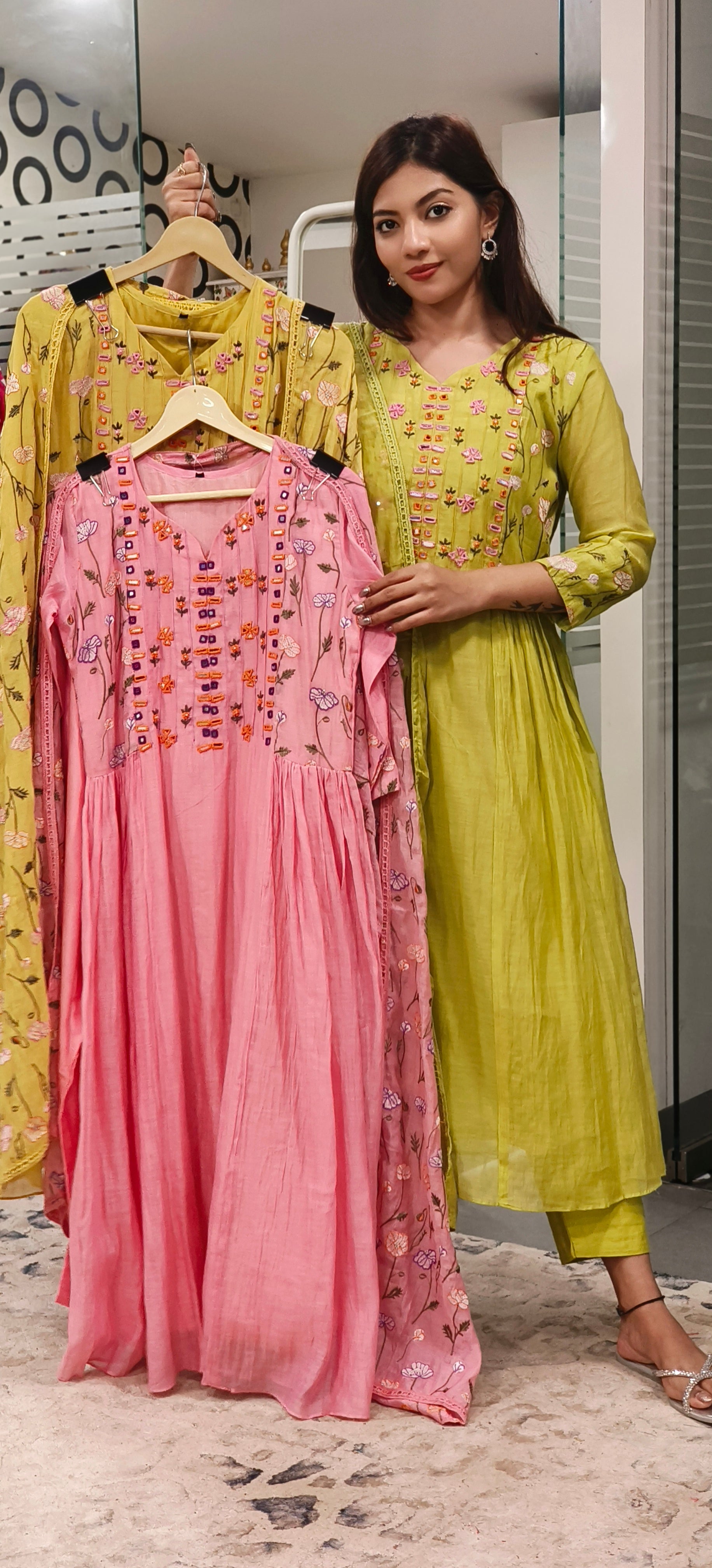 Mul Chanderi Thread Embroidered Work Over Mirror Aline Kurta With Bottom And Dupatta- 09639, 09640, 09641