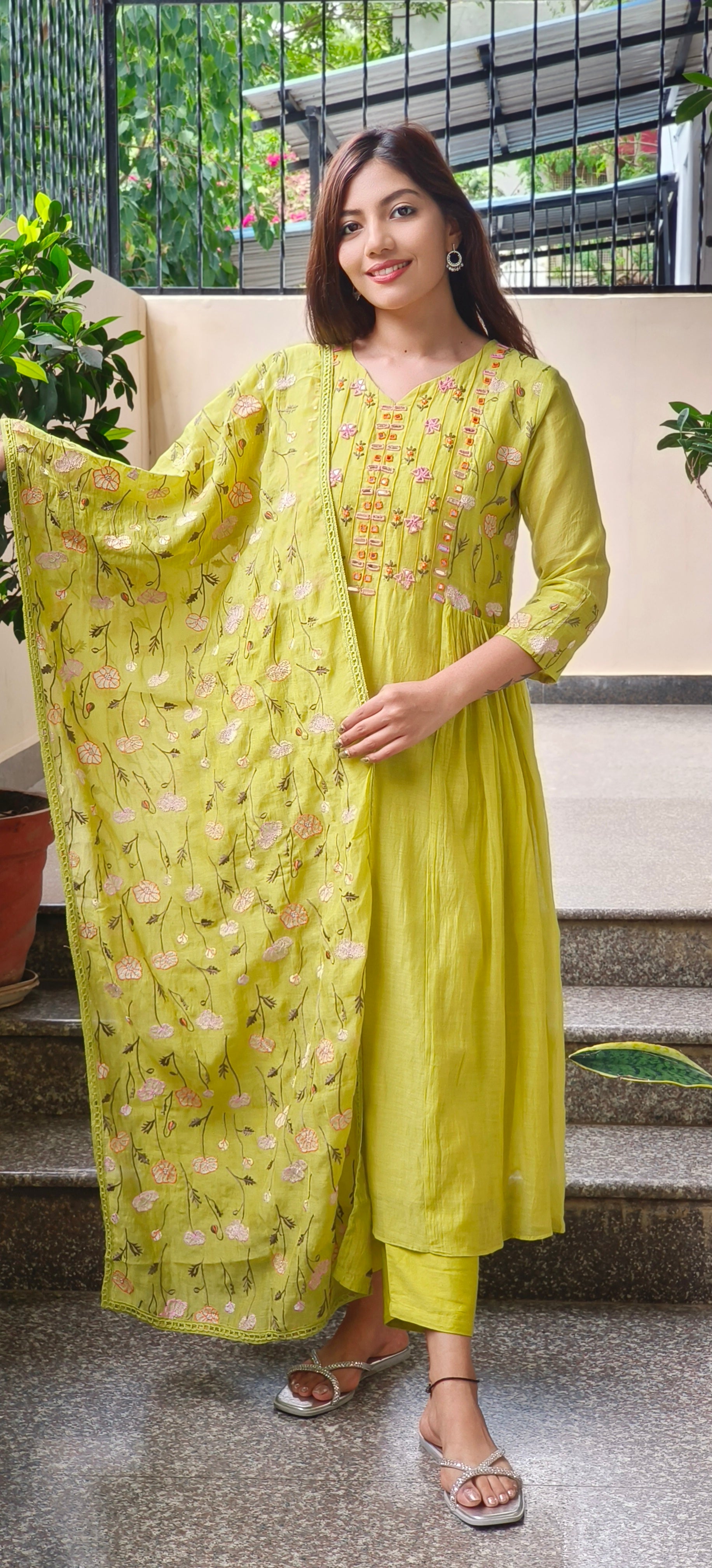 Mul Chanderi Thread Embroidered Work Over Mirror Aline Kurta With Bottom And Dupatta- 09639, 09640, 09641