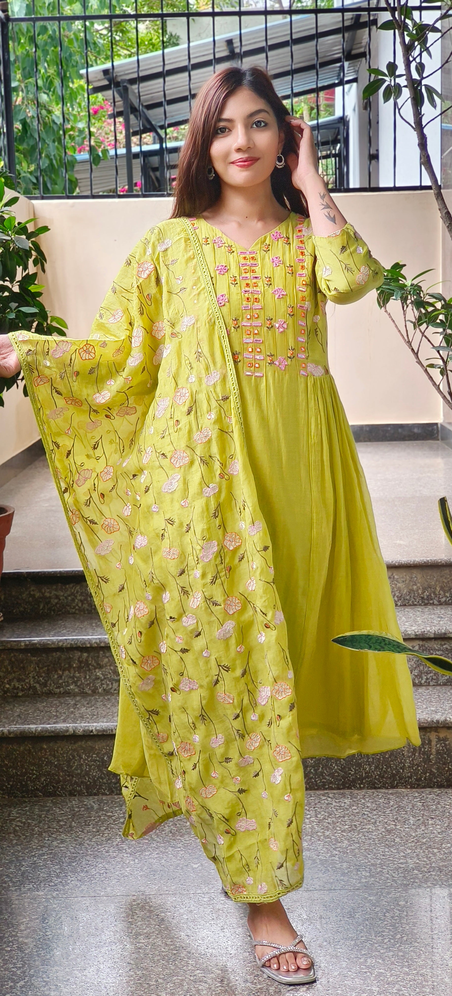Mul Chanderi Thread Embroidered Work Over Mirror Aline Kurta With Bottom And Dupatta- 09639, 09640, 09641
