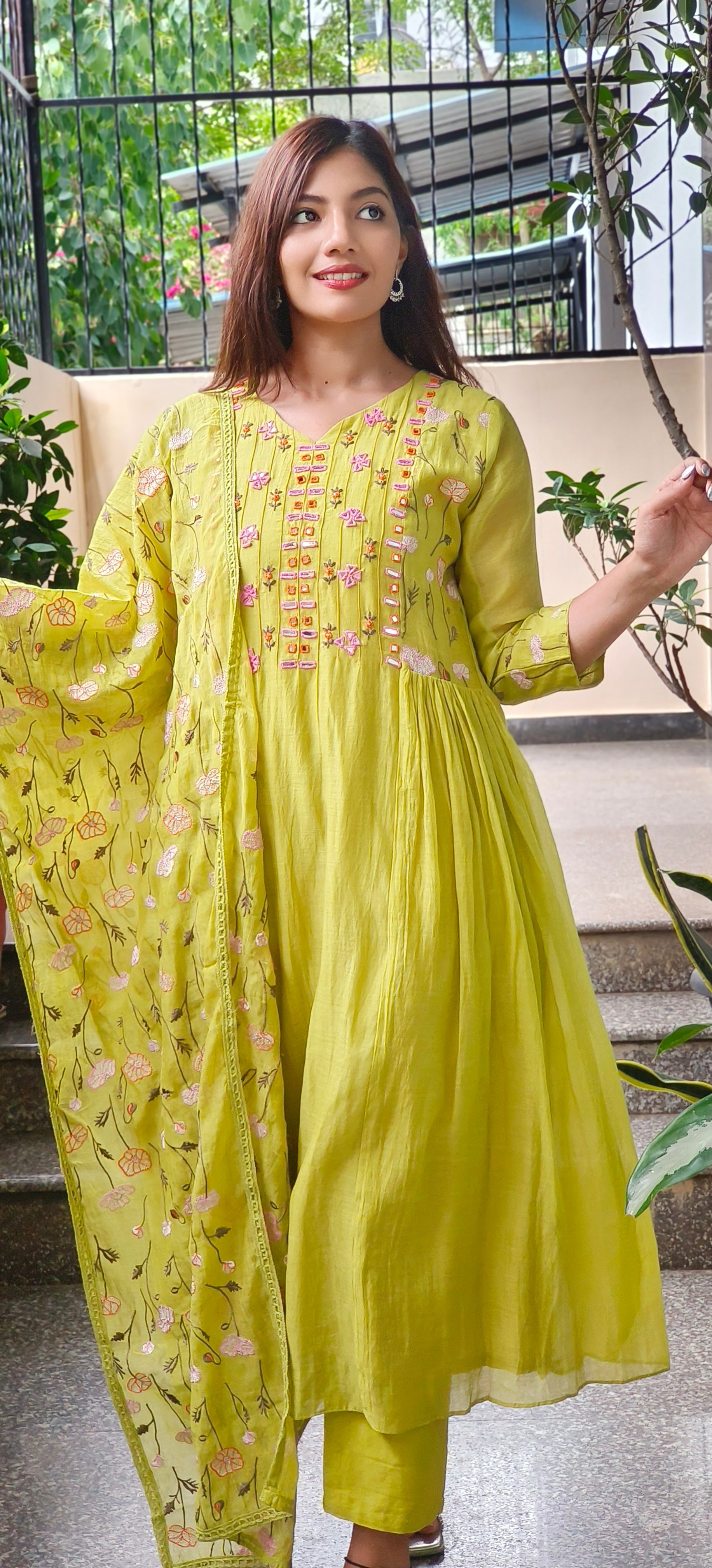 Mul Chanderi Thread Embroidered Work Over Mirror Aline Kurta With Bottom And Dupatta- 09639, 09640, 09641