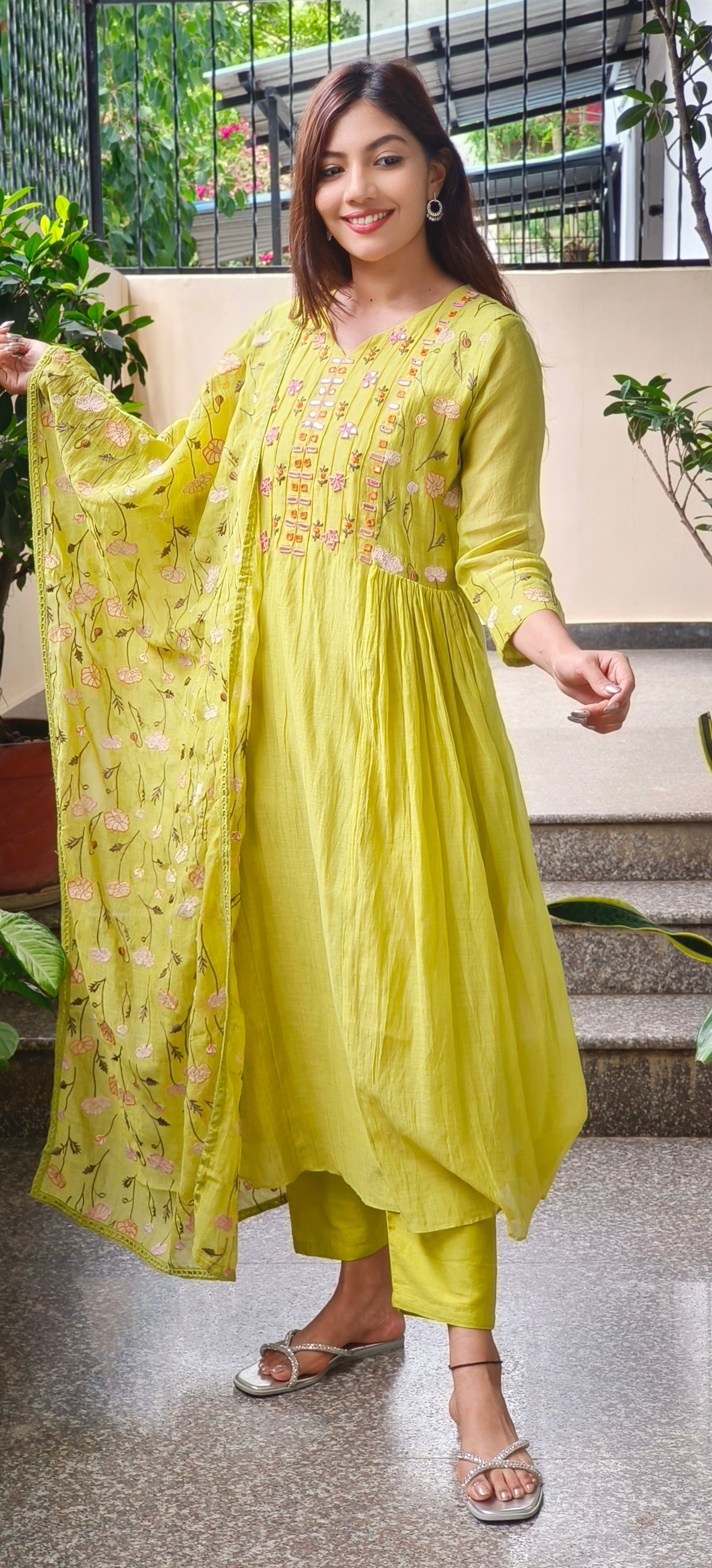 Mul Chanderi Thread Embroidered Work Over Mirror Aline Kurta With Bottom And Dupatta- 09639, 09640, 09641