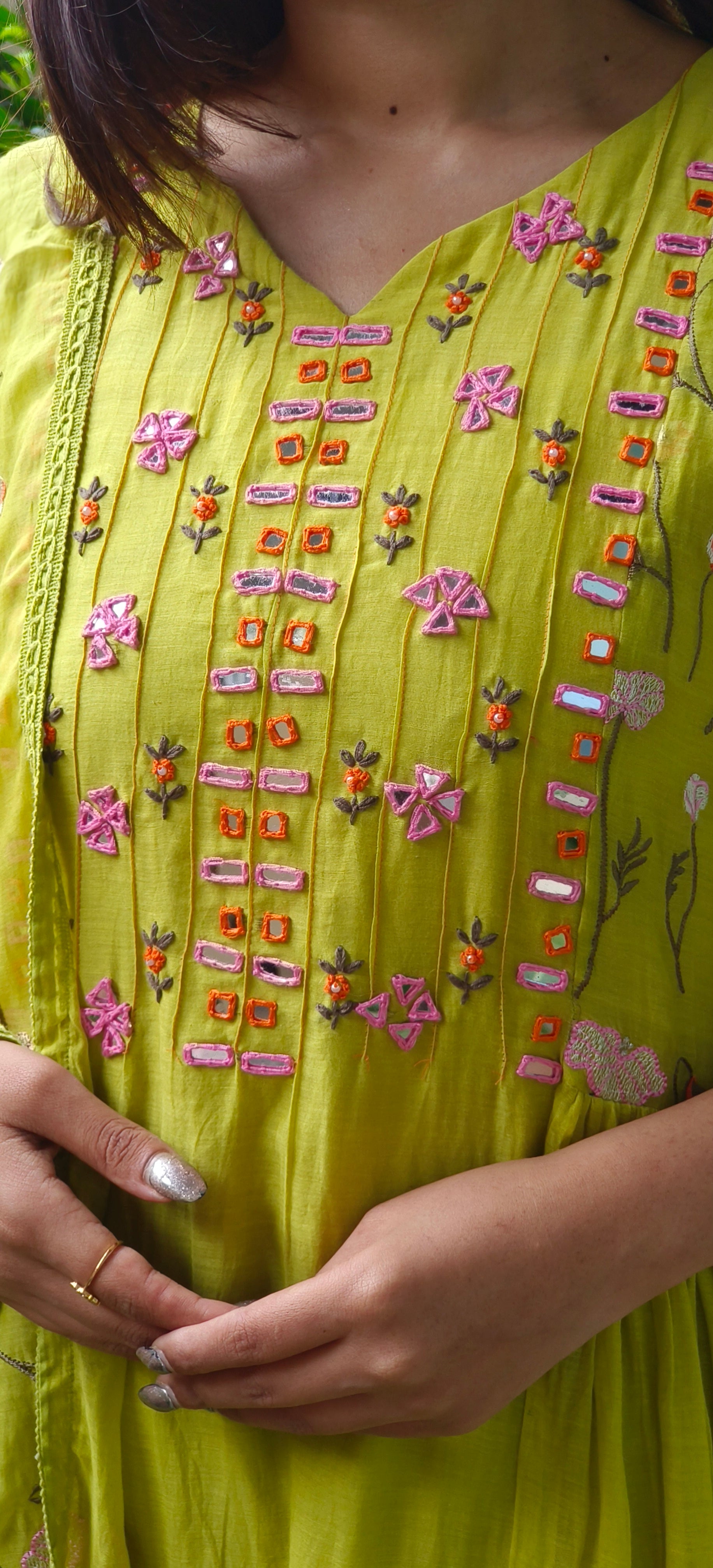 Mul Chanderi Thread Embroidered Work Over Mirror Aline Kurta With Bottom And Dupatta- 09639, 09640, 09641