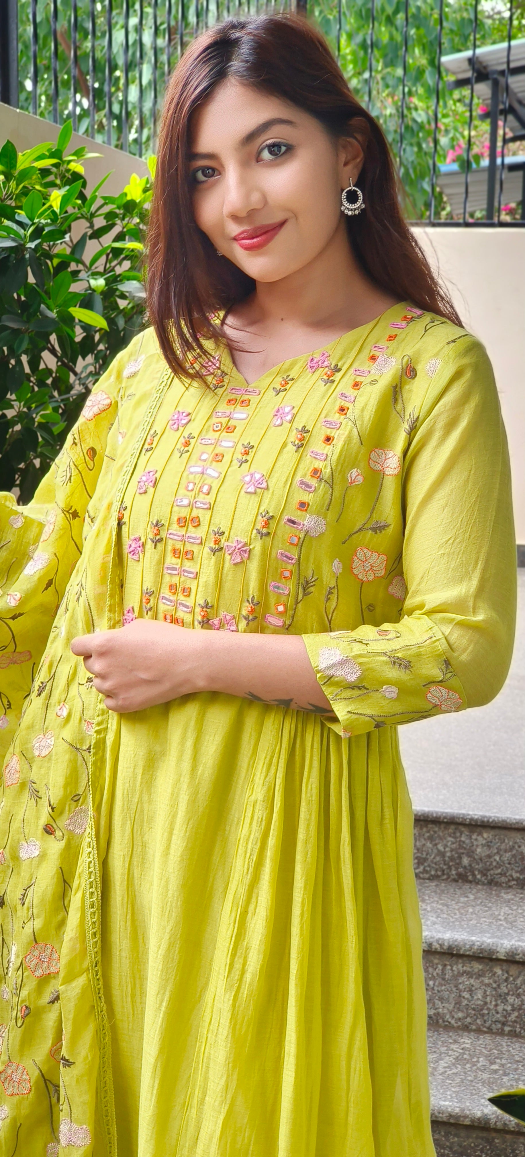 Mul Chanderi Thread Embroidered Work Over Mirror Aline Kurta With Bottom And Dupatta- 09639, 09640, 09641