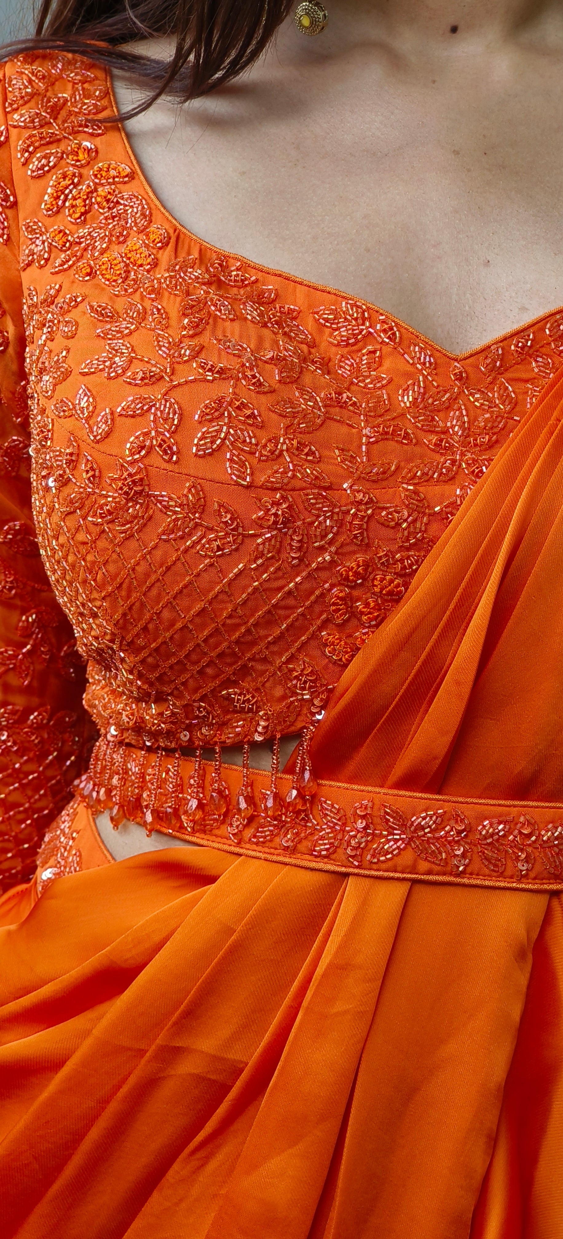 Indo Western Wear Ruffle Saree With Designer Embroidered Blouse In Satin Crepe Fabric Skirt With Belt-DRY WASH-DRY WASH-ONLY ON ORDERS DISPATCHING AFTER 30 DAYS