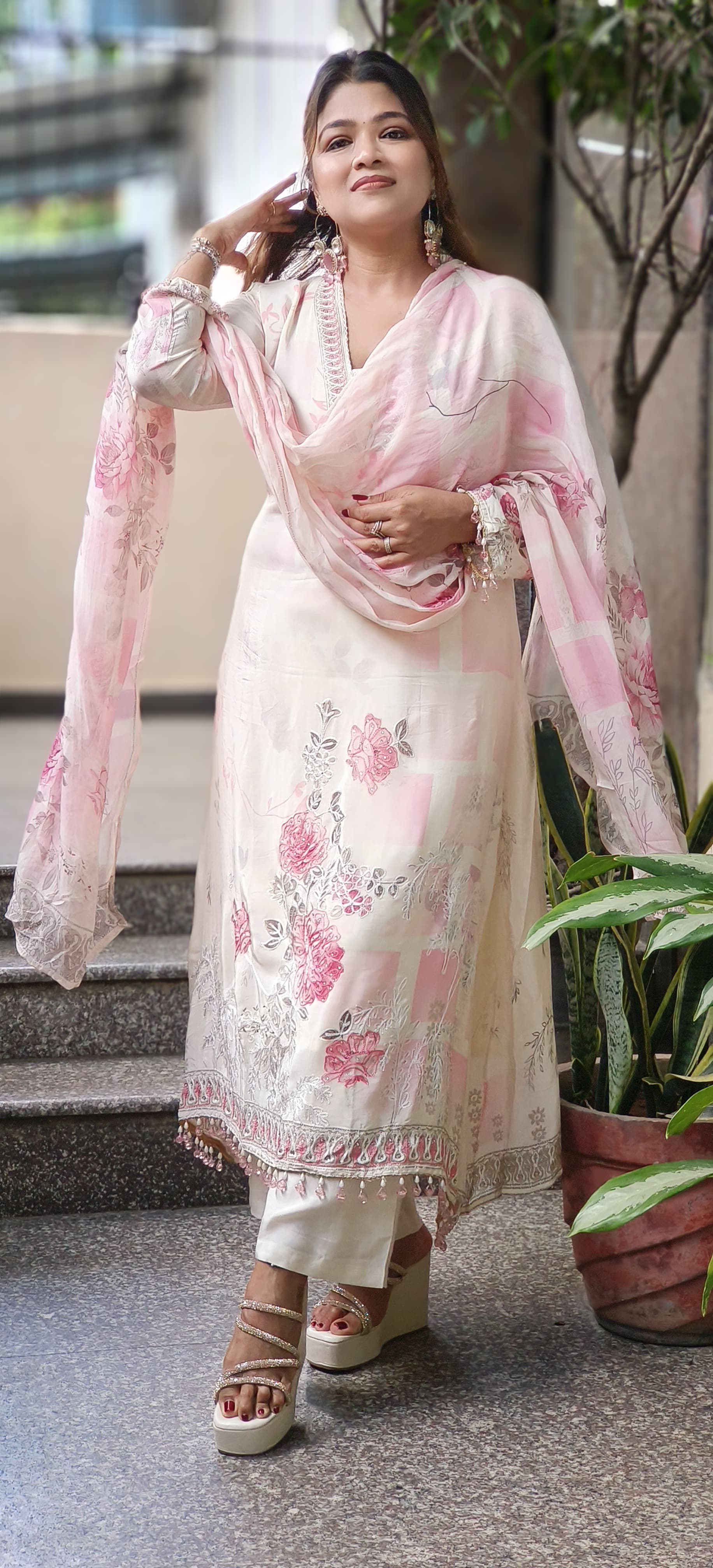 Anarkali Pure Crepe Stylish Full Suit With Floral Organza Dupatta