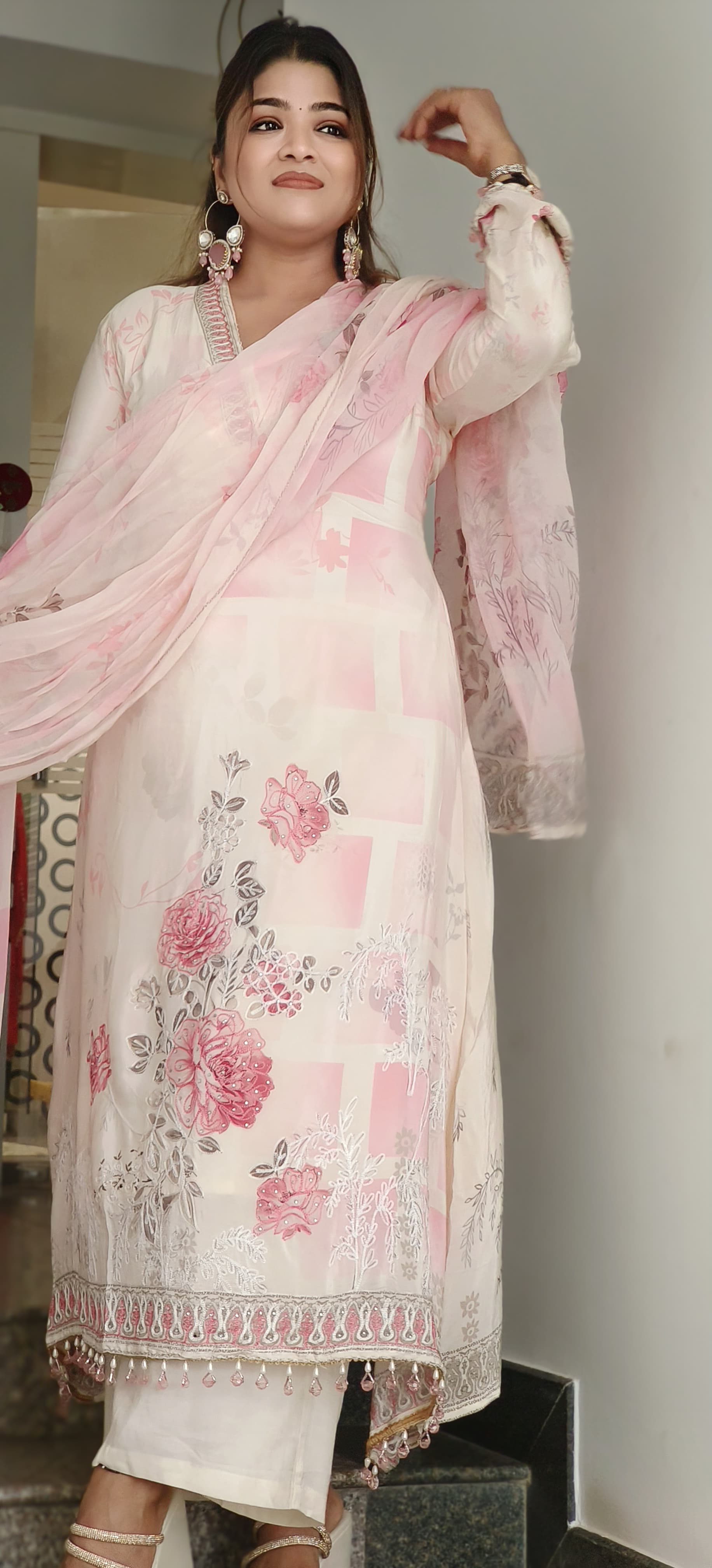 Anarkali Pure Crepe Stylish Full Suit With Floral Organza Dupatta
